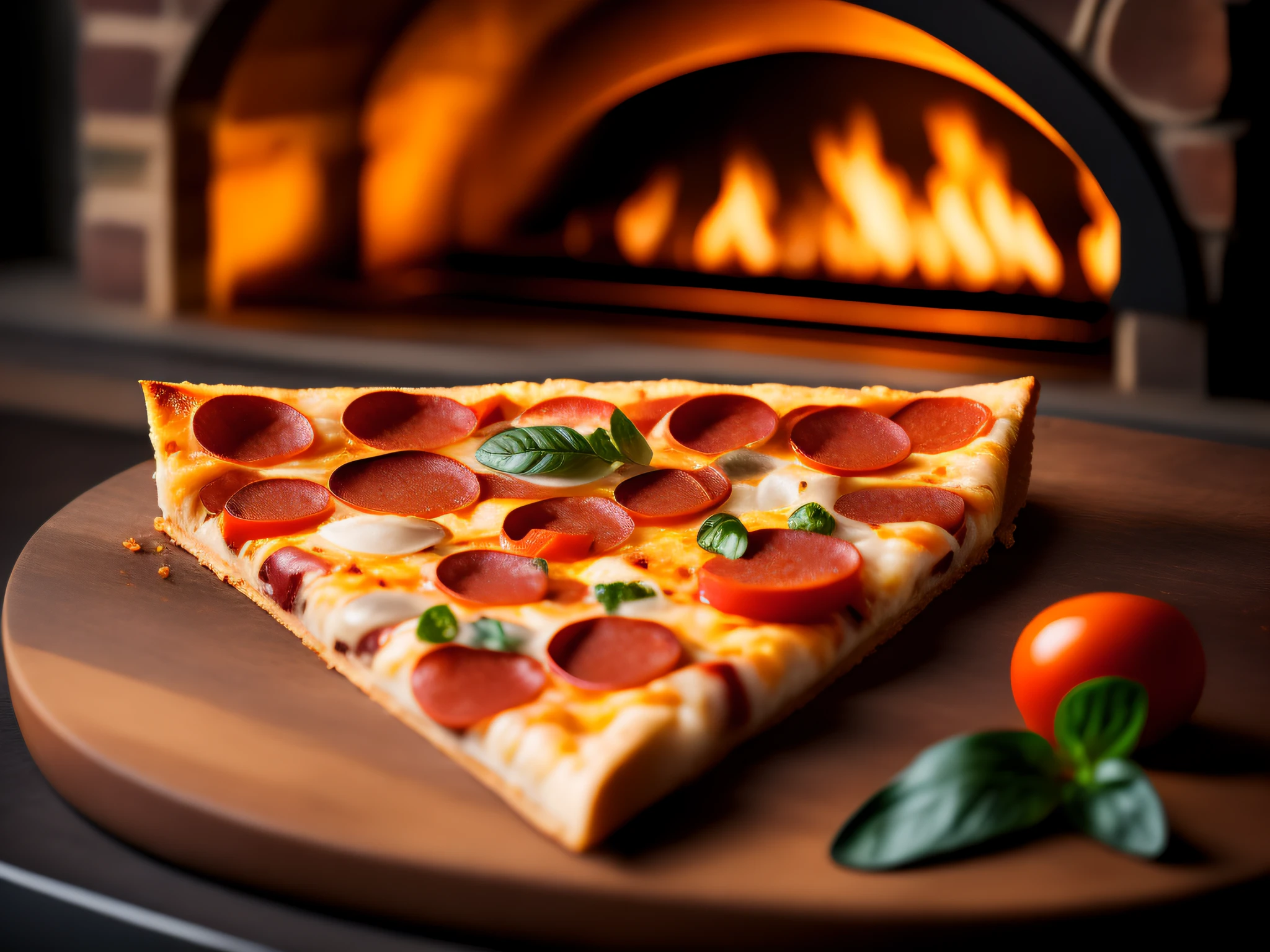 Macrophotograph of a slice of delicious juicy pizza in front of a stone oven, fire oven, light it fire, food photography, advertising photography, soft light, extremely detailed, beautiful, establishing shot, artistic, hyperrealistic, octane render, cinematic lighting, dramatic lighting, masterpiece, light brazen, extremely detailed