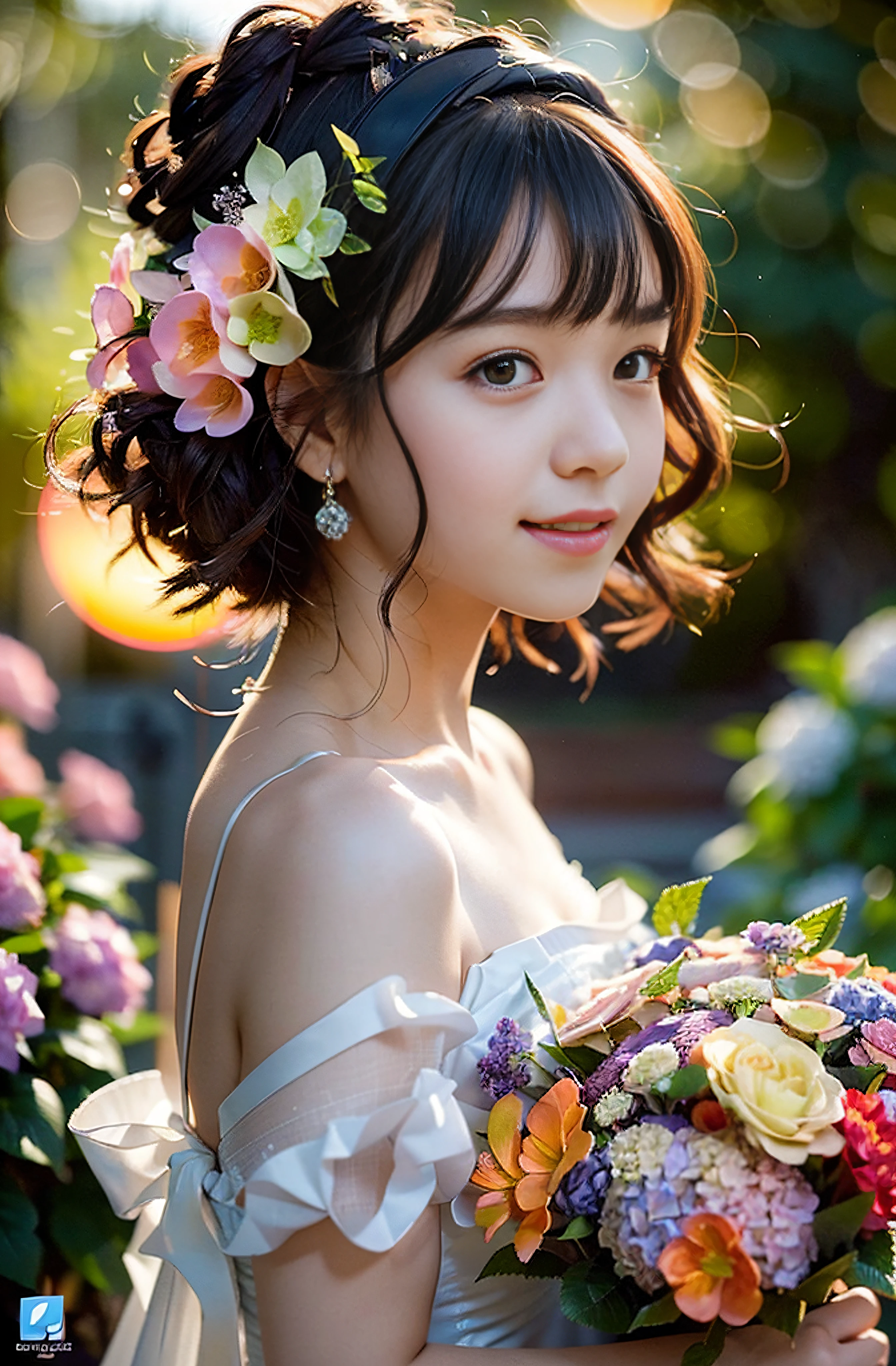 ((((Full body photo))), (((Rembrandt lighting))),((Sunset backlight))),(Lens flare)),((Wearing a bright red wedding dress)),((Super Soft Focus))))), smiling, (Profile)))))), (Looking into the distance)), twilight, Showered and surrounded by colorful hydrangeas, hydrangeas in the background, ((soft sunset)), (yinchuan:1.5), masterpiece, best quality, raw photo, photorealistic, face, beautiful girl, cute, short hair, ((((depth of field)))), high resolution, ultra detail, fine detail, very detailed, cinematic lighting