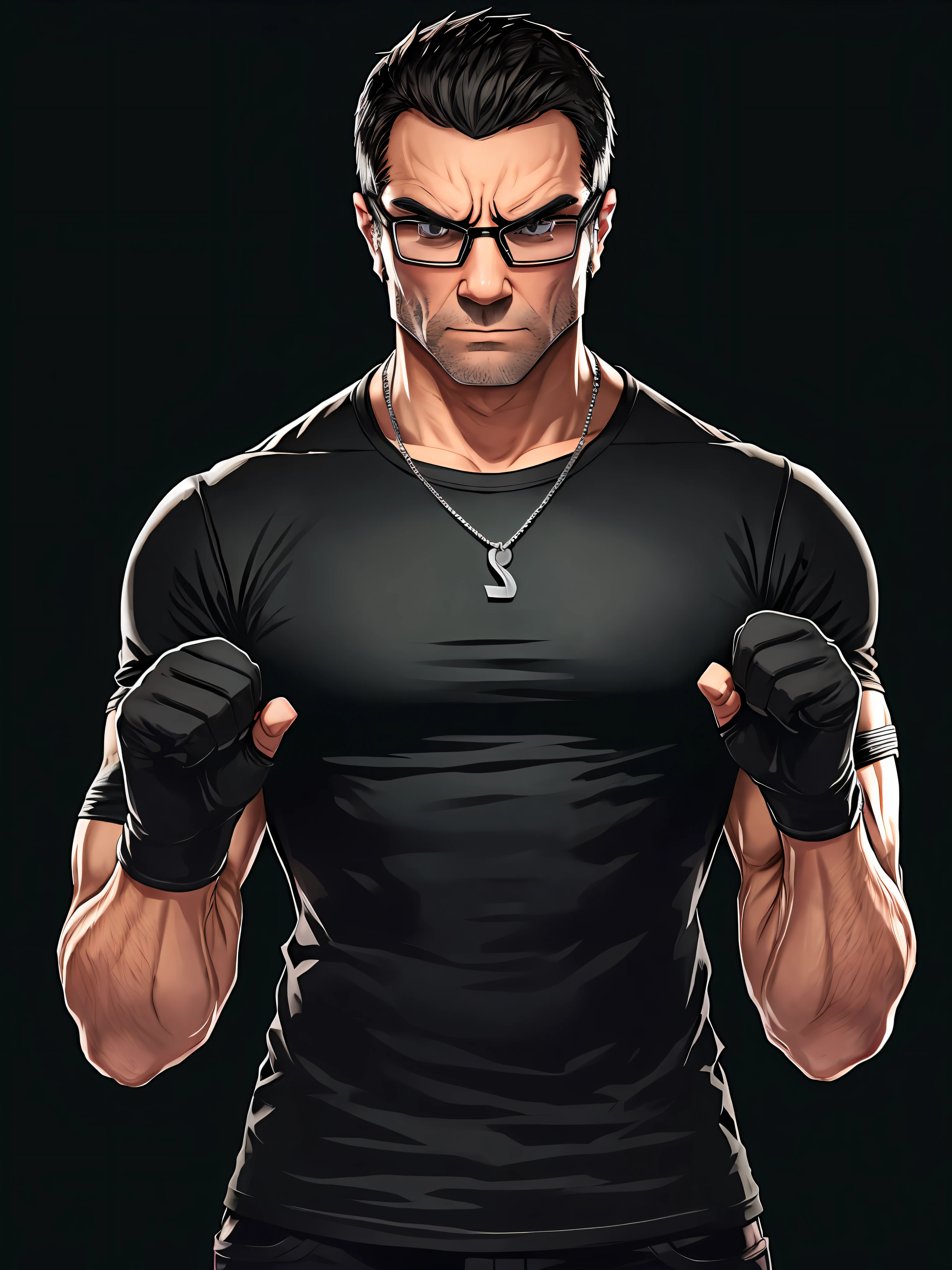 Single, Solo, Men, Black Rimmed Glasses, Black T-Shirt, Muscles, GTA5, Open Finger Gloves, Fighting Pose, Simple Black Background, Silver Necklace