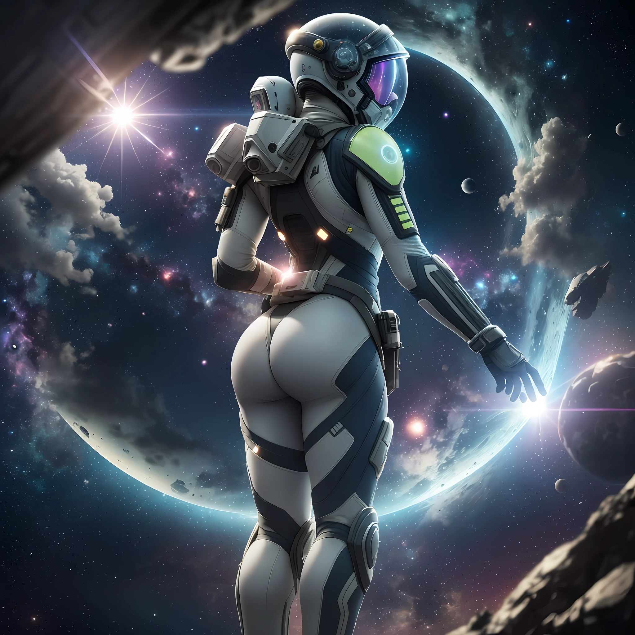Back angle, Very detailed RAW color photo, Back angle, Full body, (female space soldier, with pink and blue spacesuit, helmet, tinted face shield, rebreather, accented booty), outdoor (looking towards the advanced alien structure, on an alien planet), toned body, large butt, (science fiction), (mountains: 1.1), (lush green vegetation), (two moons in the sky: 0.8), (very detailed, hyper-detailed, intricate), ((DAY TIME)), (lens flare: 0.7), (bloom: 0.7), particle effects, ray tracing, cinematic lighting, shallow depth of field, photographed with a Sony a9 II, 50mm wide-angle lens, sharp focus, cinematic frame from Gravity 2013, back --auto --s2