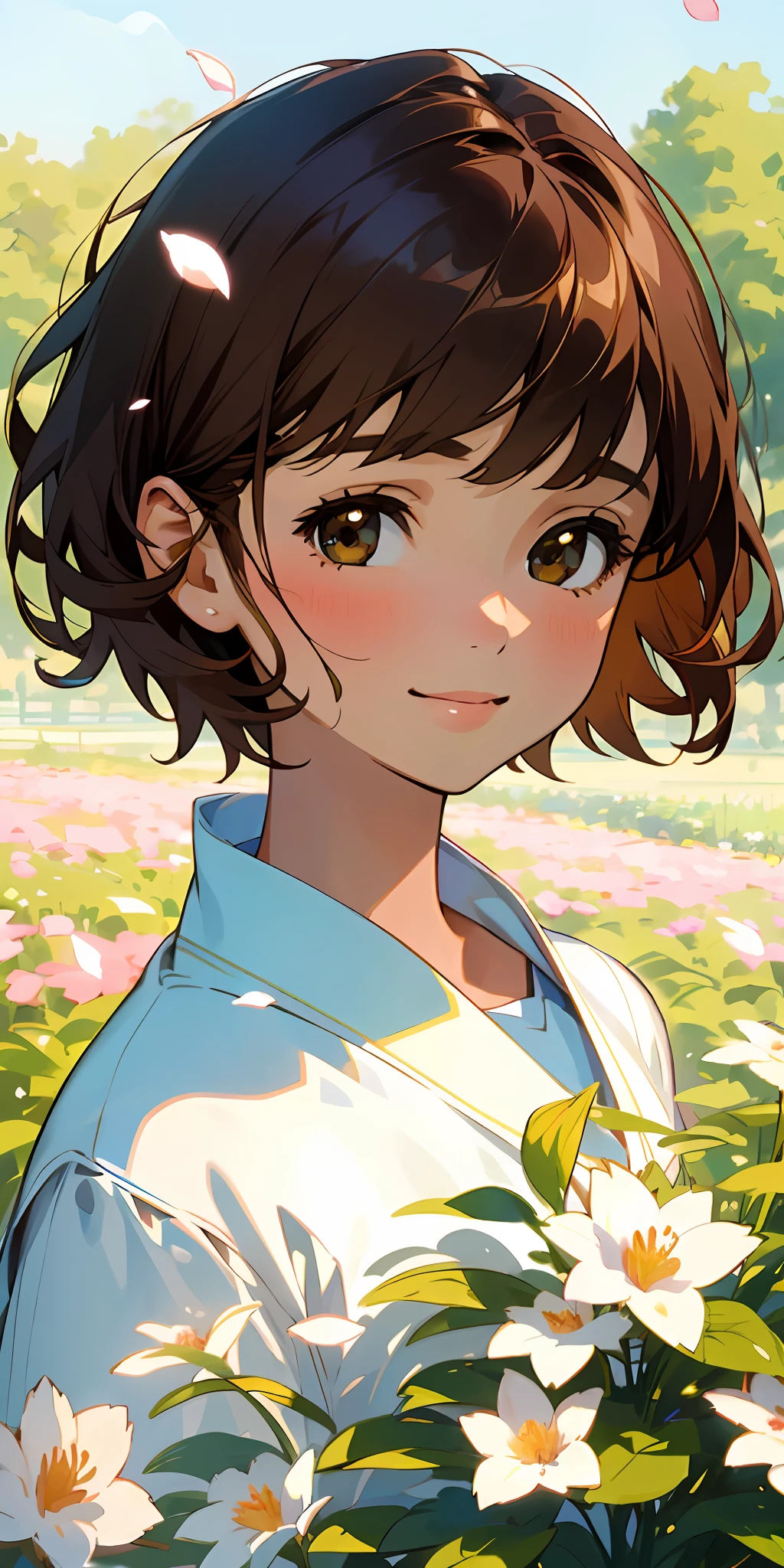 (top quality, masterpiece, super realistic), one beautiful delicate portrait of a girl with short hair, brown hair, smiling, soft and peaceful expression, the landscape in the background is a garden with petals and papa flying around. --v6