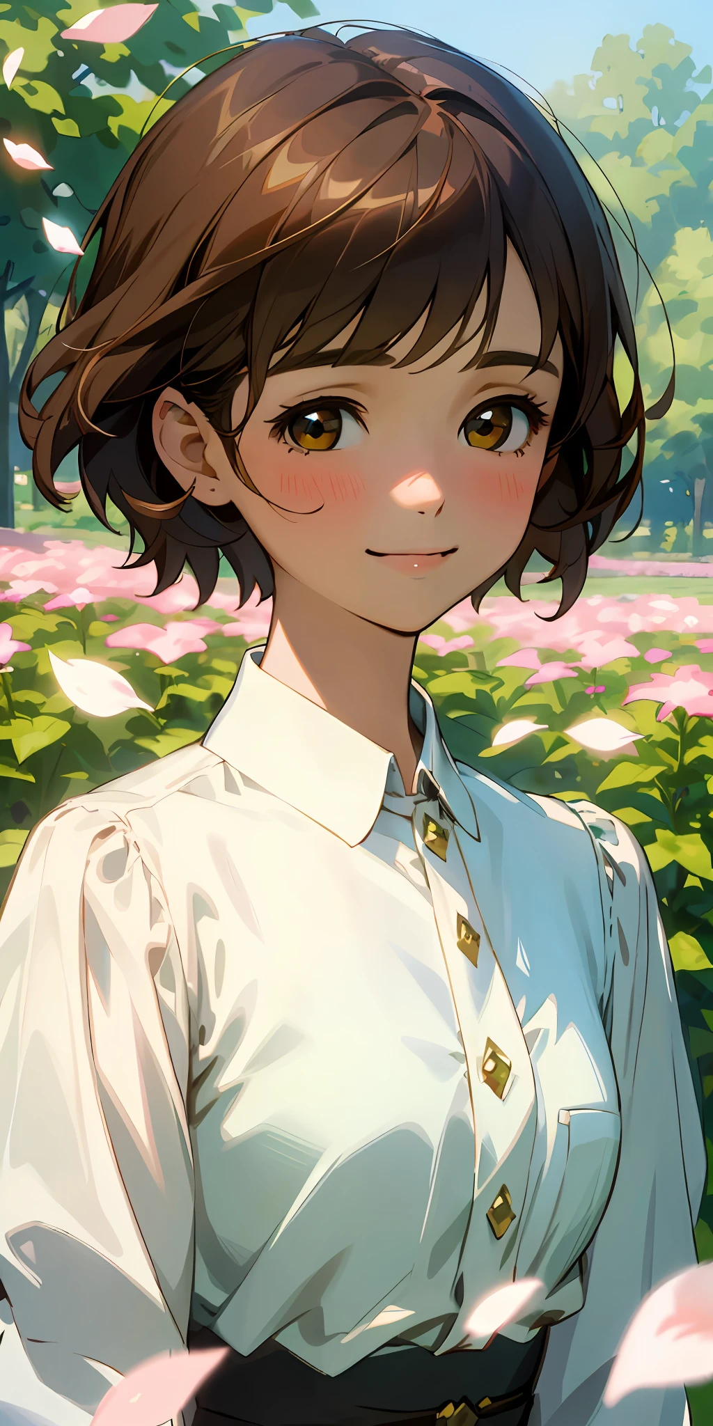 (top quality, masterpiece, super realistic), one beautiful delicate portrait of a girl with short hair, brown hair, smiling, soft and peaceful expression, the landscape in the background is a garden with petals and papa flying around. --v6