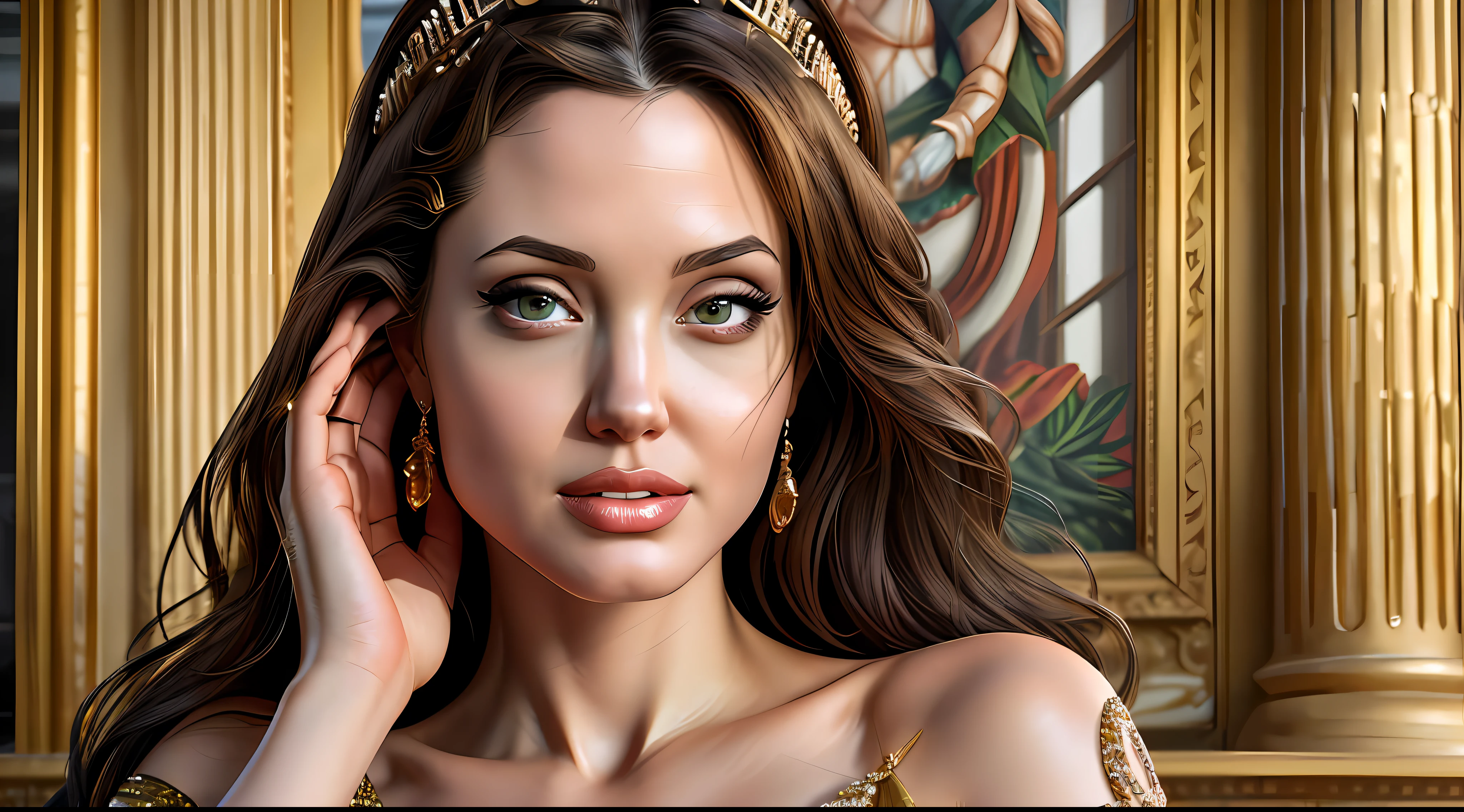 high quality photograph of Angelina Jolie (super detailed face and body, perfect anatomy, ultra detailed skin, super realistic detailed eyes, perfect lips, detailed) a beautiful Greek queen wearing golden couture posing for haute couture perfect details, intricate, super detailed, super realistic, 12K, hyper detailed skin, detailed eyes, very high resolution, she is distinct and regal, she commands the photograph with her expression and outfit, the fabrics are premium and beautiful, she is confident and strong, the hands are face is realistic, she is serving face, the image is inspiring to women, beautiful artistic talent, the photography is intrusive, photographic moneyshot, taken with Canon EOS R5, 24 – 70mm f/2. 8 lens, perfect anatomy, hands with 4 fingers and 1 thumb, rendered in 8K resolution for high quality detail, 8K image quality, 8K high resolution image, hyper detailed, super realistic, intricate details