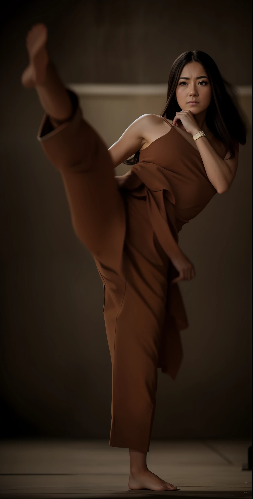 Cine still action portrait, a woman kicking, raw cinematic frame, ultra realistic, shot on Canon EOS R5, 45-70mm, F40, circular iris, circular pupils, detailed face, detailed skin