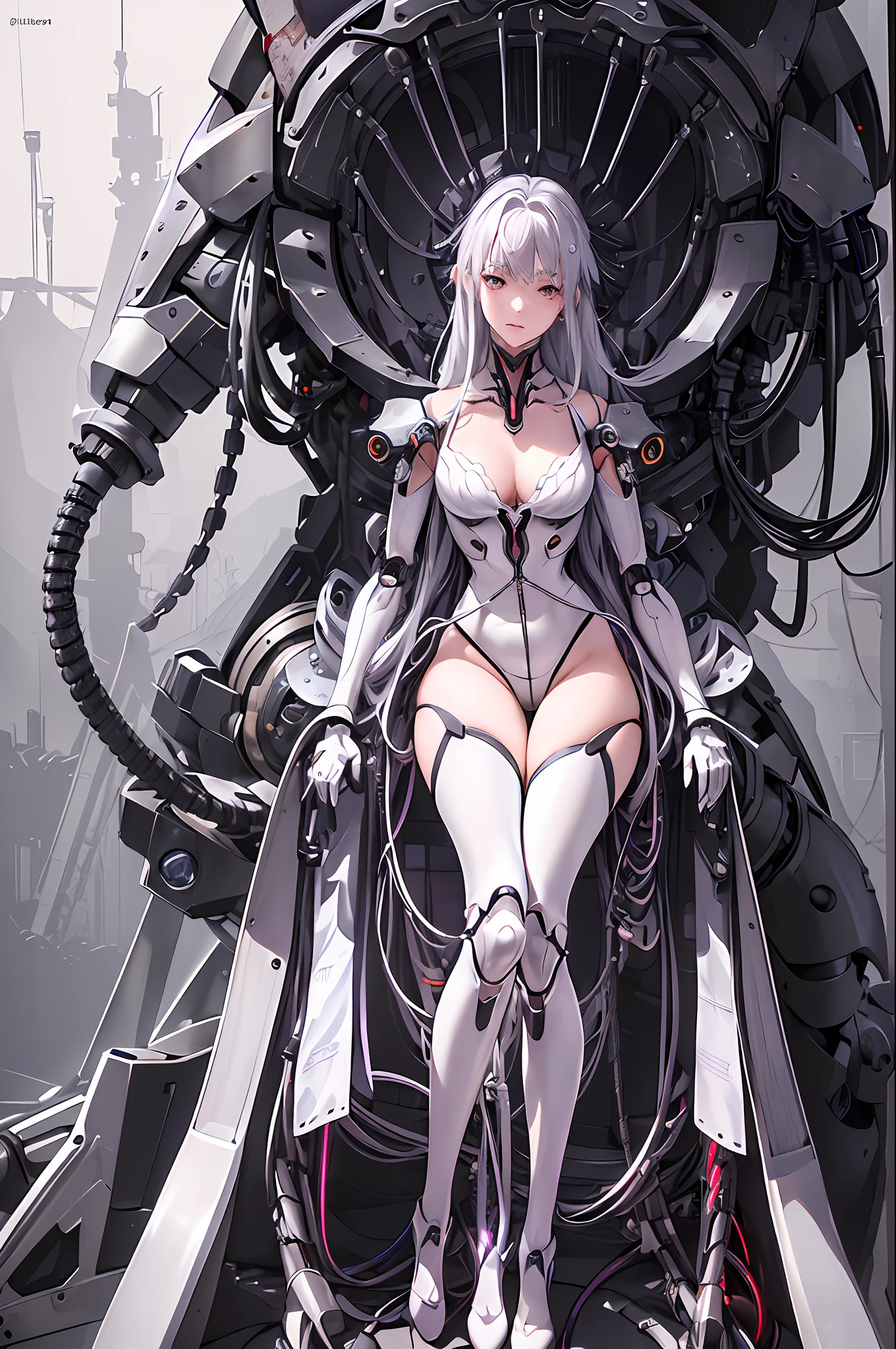 (((Masterpiece)))), (((highest quality)))), ((Ultra Definition)), (Very Detailed Photoreality), ((Very Delicate and Beautiful)), (Delicate and Pretty Face), Cinematic Light, (((1 Girl)), Solo, Full Body, Big, Cleavage Is Visible Skin, White Hair, Purple Eyes, Glowing Eyes, Thighs Exposed Skin, (Mechanical Joints: 1.4), (Mechanical Limbs)), ( blood vessels connected to tubes), (((vertebrae of machines attached to the back)), ((cervical vertebrae of machines) attached to the neck)), (((sitting)), expressionless, (wires and cables attached to the head and body: 1.5), (character focus), small LED lamps on the body, Evangelion, SF, metal, metallic body, detailed neon, hydraulic cylinder