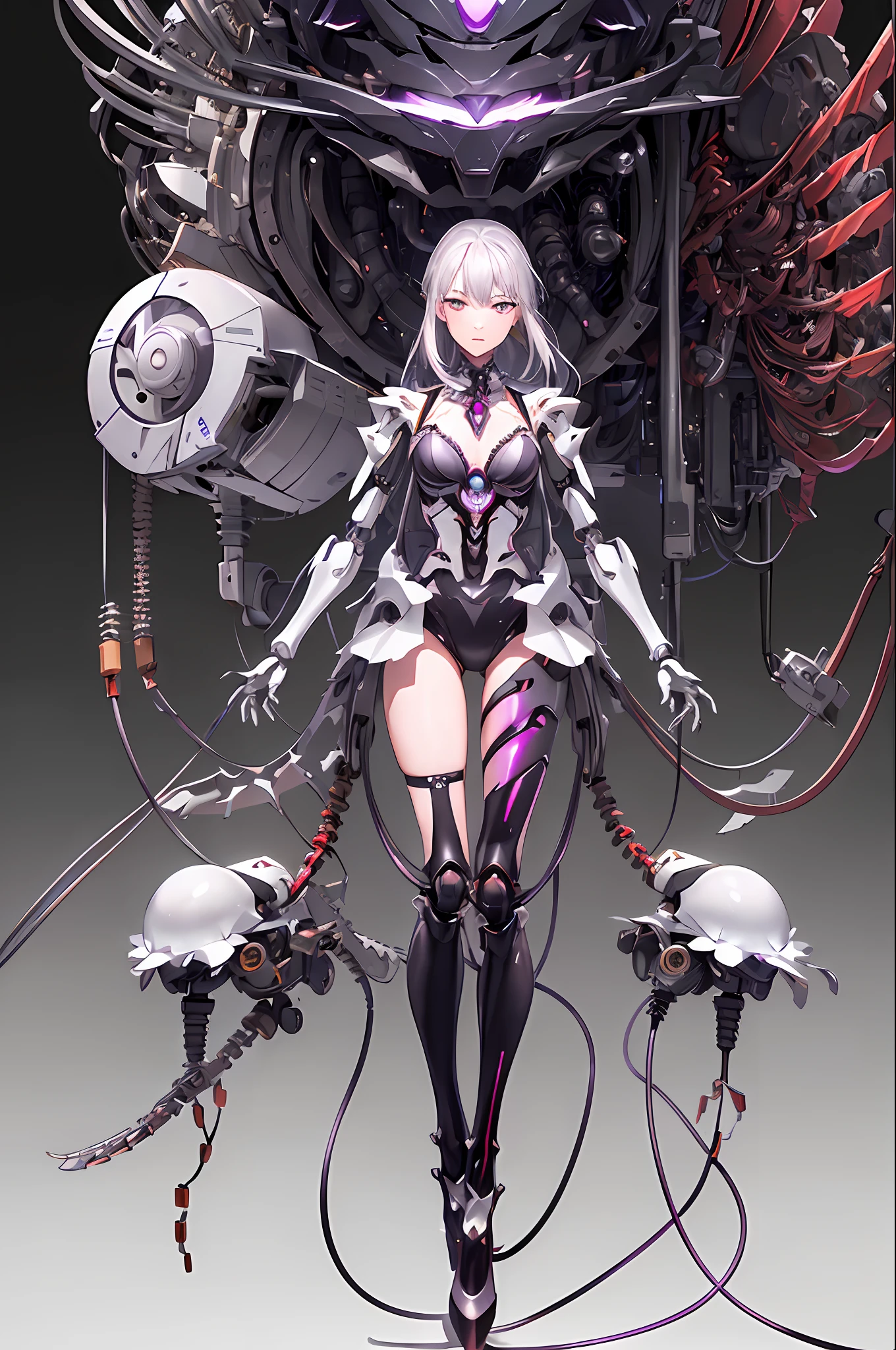 (((Masterpiece)))), (((highest quality)))), ((Ultra Definition)), (Very Detailed Photoreality), ((Very Delicate and Beautiful)), (Delicate and Pretty Face), Cinematic Light, (((1 Girl)), Solo, Full Body, Big, Cleavage Is Visible Skin, White Hair, Purple Eyes, Glowing Eyes, Thighs Exposed Skin, (Mechanical Joints: 1.4), (Mechanical Limbs)), ( blood vessels connected to tubes), (((vertebrae of machines attached to the back)), ((cervical vertebrae of machines) attached to the neck)), (((sitting)), expressionless, (wires and cables attached to the head and body: 1.5), (character focus), small LED lamps on the body, Evangelion, SF, metal, metallic body, detailed neon, hydraulic cylinder