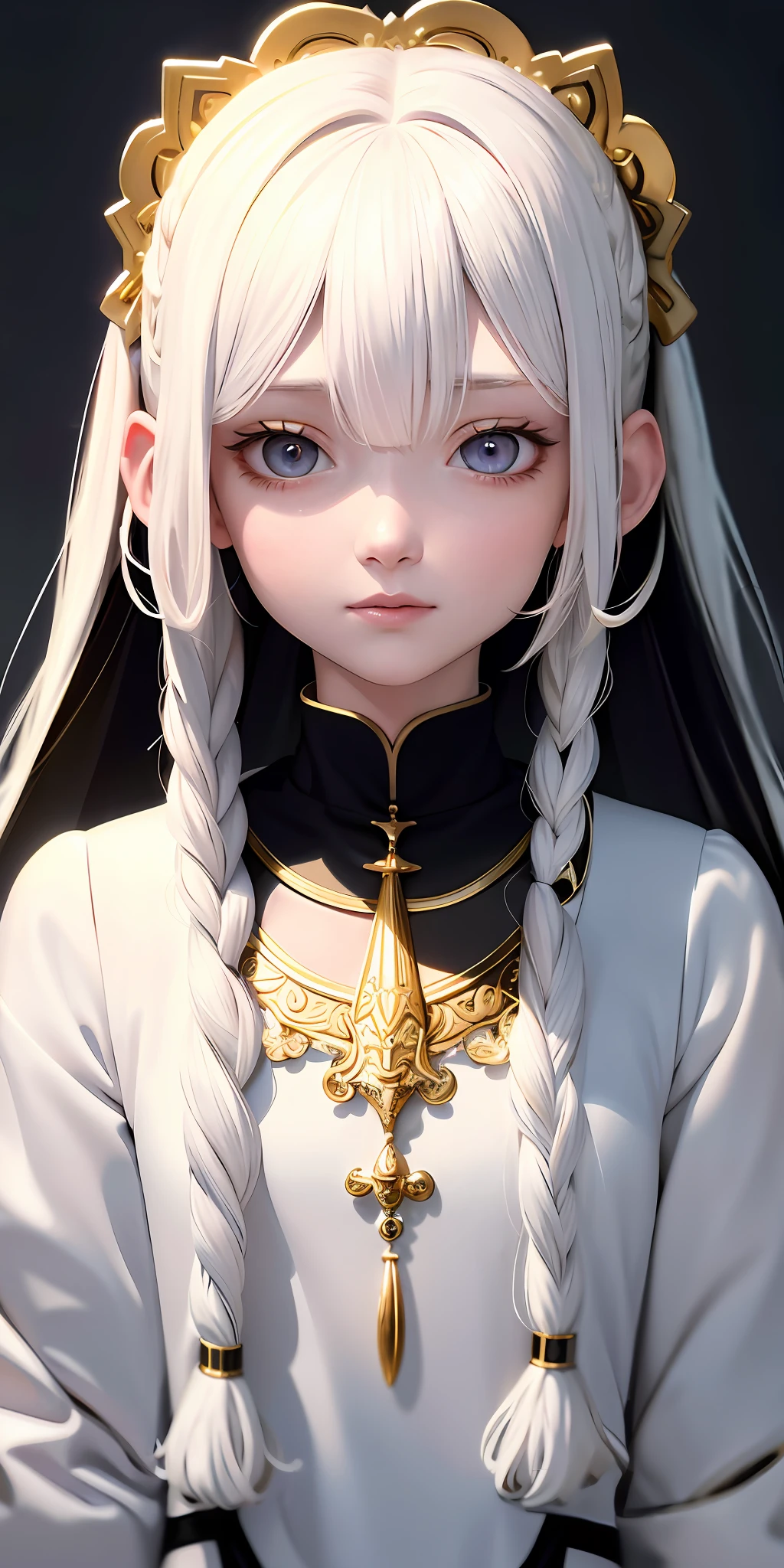 best quality, masterpiece,white hair, gold eyes,white clothes, looking up, upper body,hair strand,Fair skin,side braids
