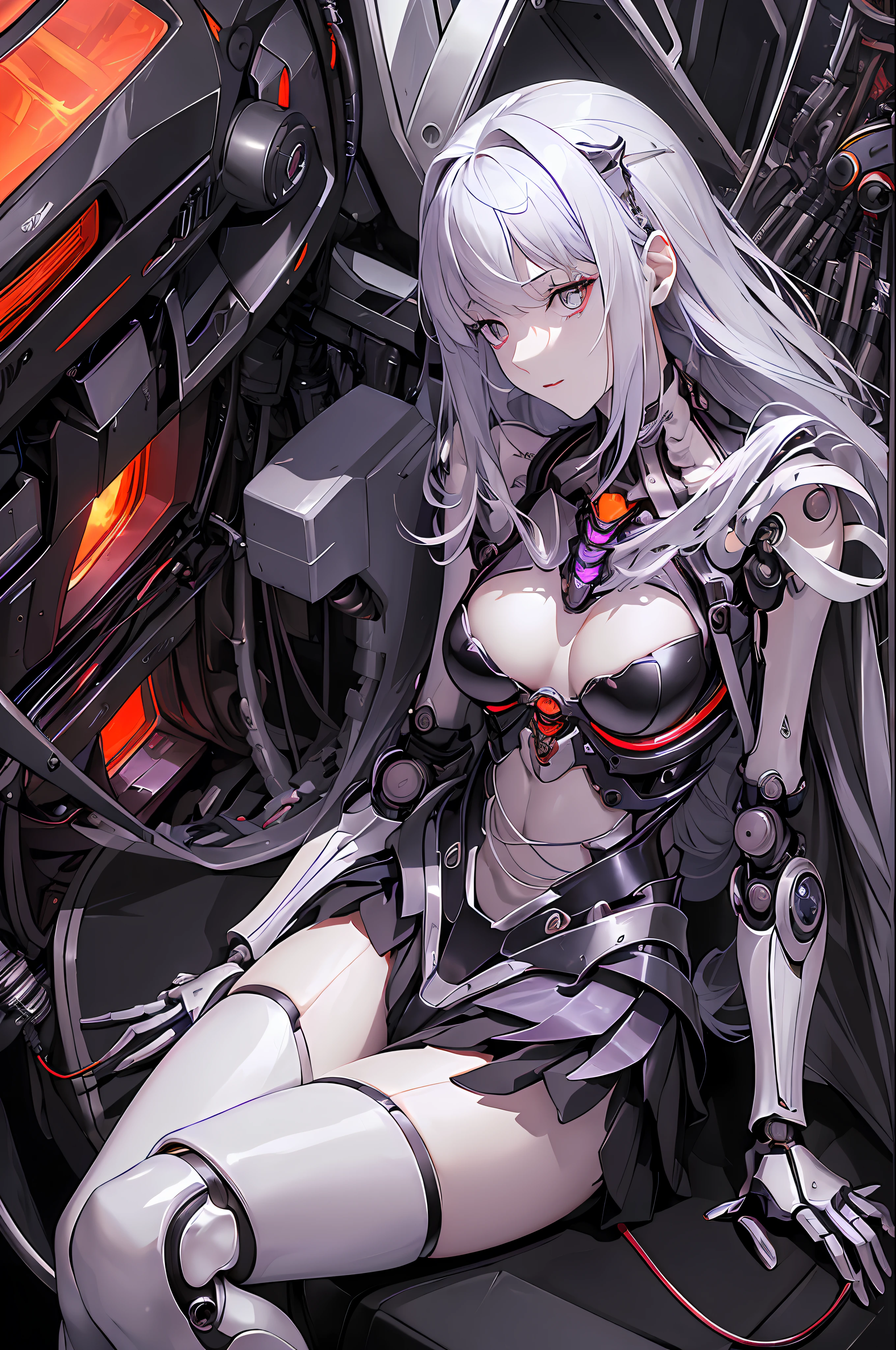 (((Masterpiece)))), (((highest quality)))), ((Ultra Definition)), (Very Detailed Photoreality), ((Very Delicate and Beautiful)), (Delicate and Pretty Face), Cinematic Light, (((1 Girl)), Solo, Full Body, Big, Cleavage Is Visible Skin, White Hair, Purple Eyes, Glowing Eyes, Thighs Exposed Skin, (Mechanical Joints: 1.4), (Mechanical Limbs)), ( blood vessels connected to tubes), (((vertebrae of machines attached to the back)), ((cervical vertebrae of machines) attached to the neck)), (((sitting)), expressionless, (wires and cables attached to the head and body: 1.5), (character focus), small LED lamps on the body, Evangelion, SF, metal, metallic body, detailed neon, hydraulic cylinder