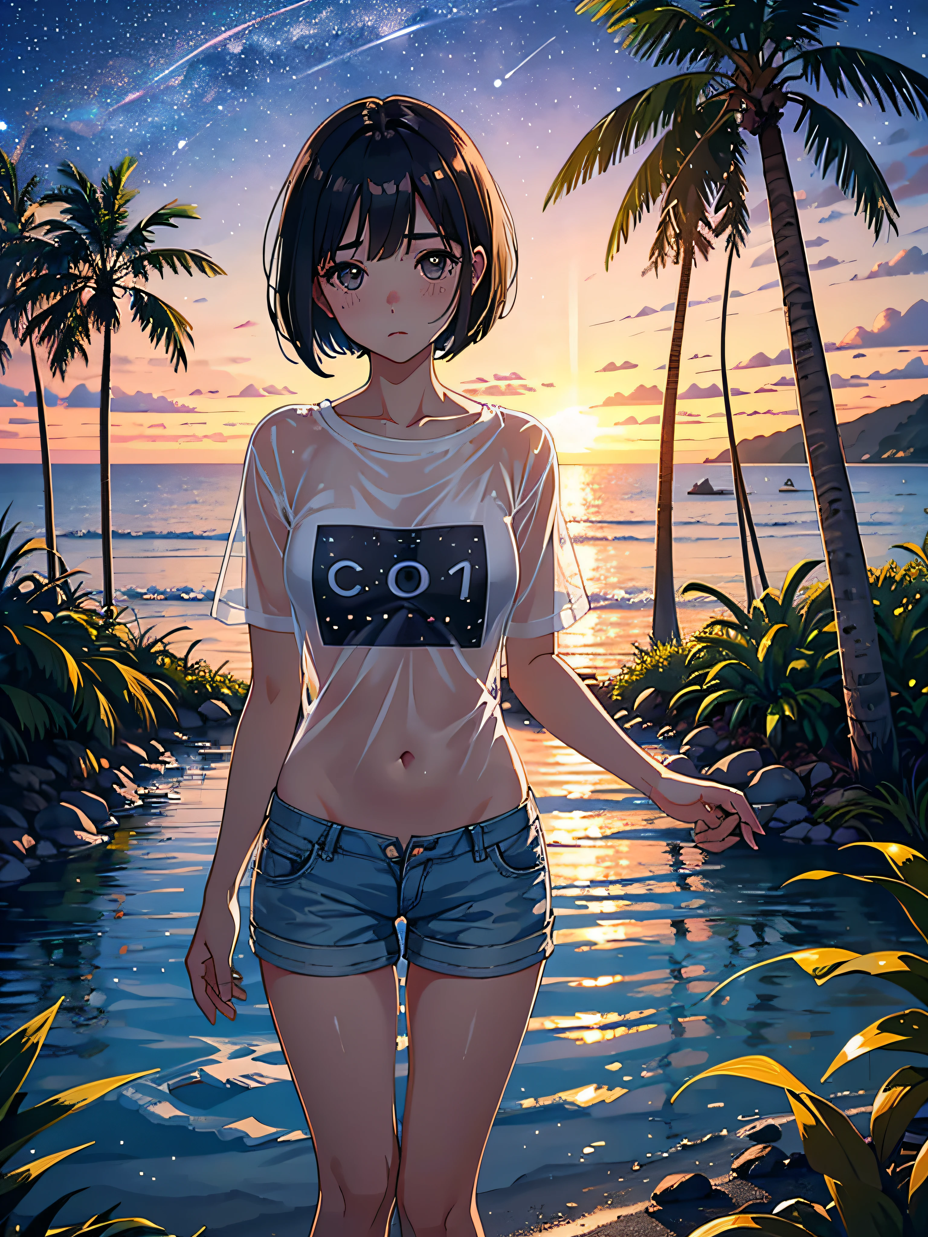night, sand,、、、 fuzzy detailed background, starry sky, galactic stars, coconut trees, starlight, t-shirt, shorts, cowboy shots, perfect, (raw photos, best quality, 1), ultra high definition, (realistic, photorealistic: 1.75), one young girl wearing big, watch viewer, bottomless, transparent silhouette (wet body) 1.4), ( Clear silhouette with super detail, big eyes, (ultra-thin body: 1.2), with skindentation, bob hair, blush face, seductive vision, blush face, perfect detail face, drink,