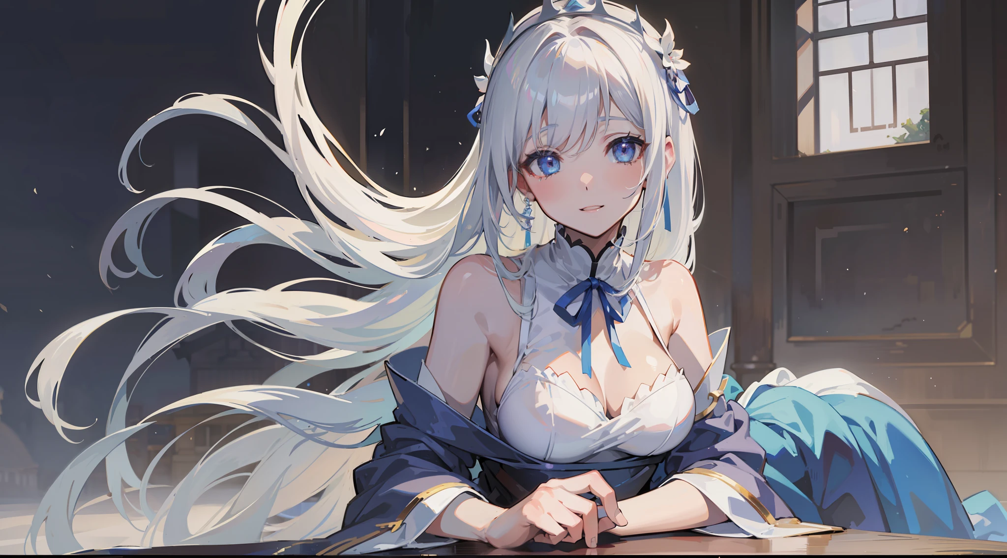 ((Best Quality, 8K, Best Masterpiece)) Anime characters with long gray hair and blue eyes, Anime visuals of young women, Today's featured anime stills, God of White Hair, official art, cute girl anime visuals, Popular isekai anime, Tsuaii, Marisa Kirigami, Anime movies, TV anime still, Isekai, Hestia, Albedo of Anime Overlord Transparency 　Blue small ribbon in hair smile