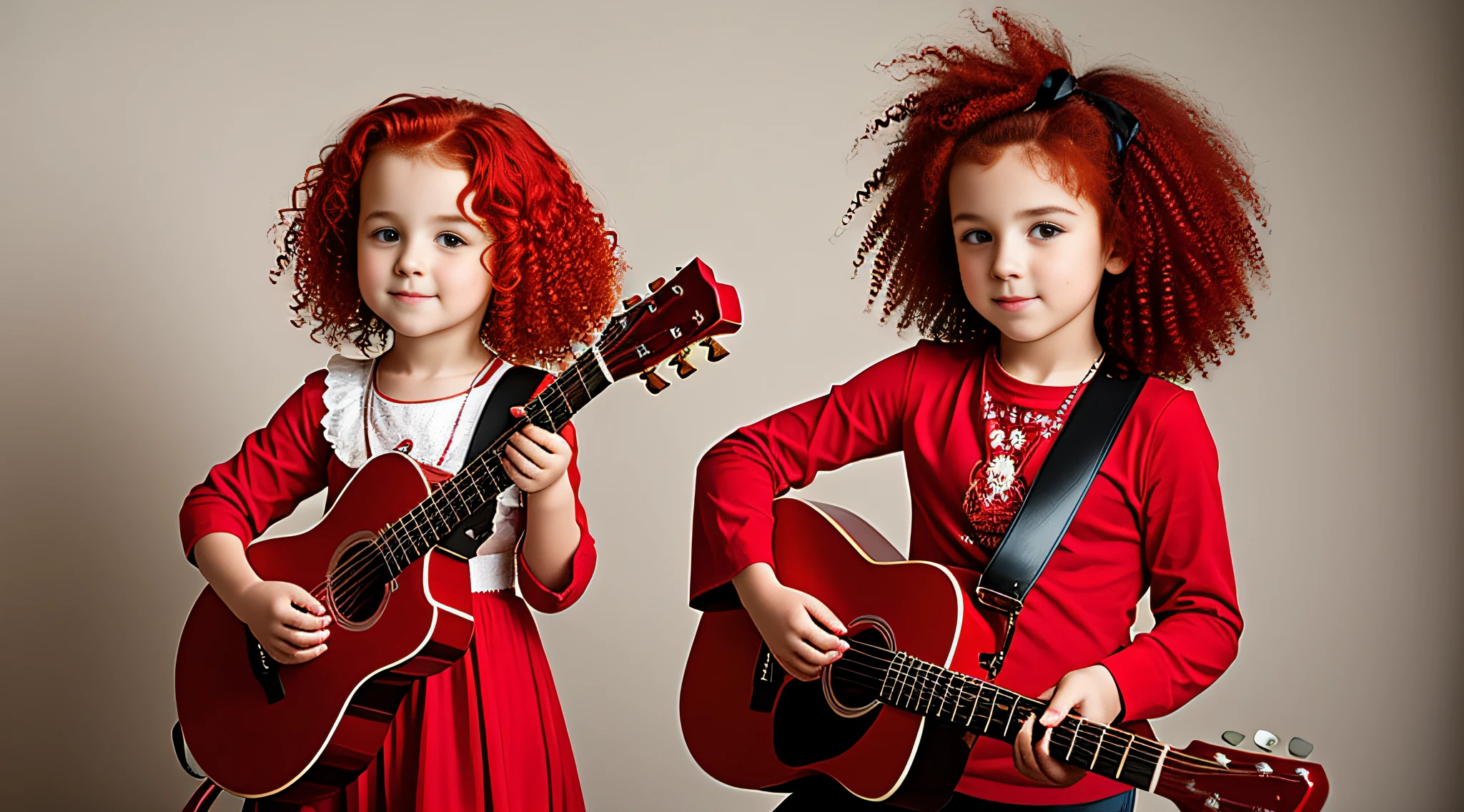 CHILD girl with BIG red hair holding a guitar and a red cup, elegant, taken in early 2020, profile picture, profile picture, with curly red hair.