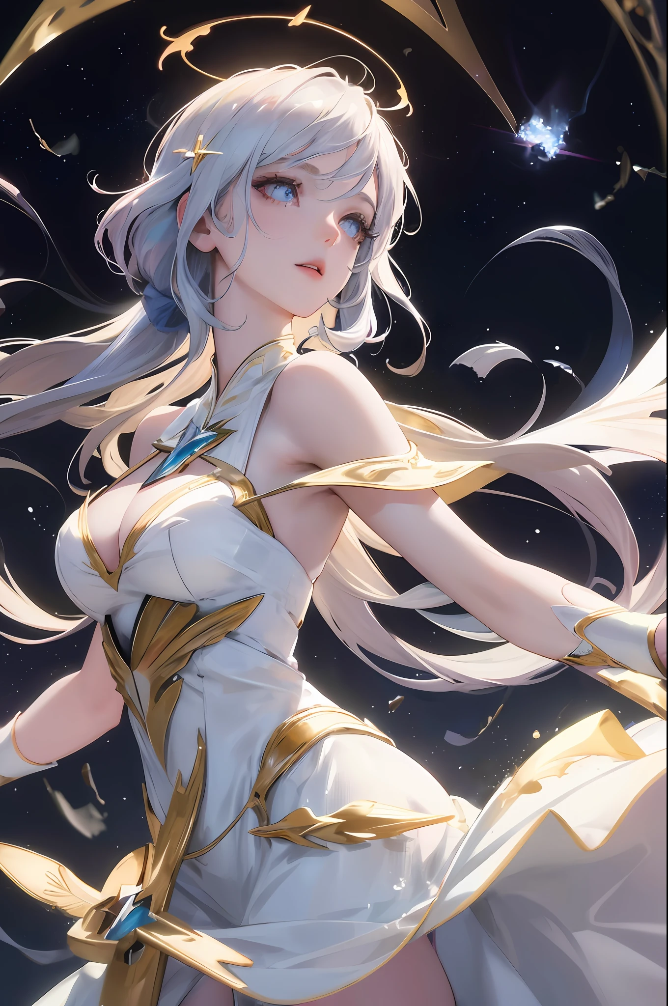 best quality, masterpiece, anime style, a beautiful woman angel,floating in the air ,lightning halo,having four beautiful white large wings ,moon, nebula, shooting stars, wearing a beautiful white dress, ultra beautiful detailed eyes, Precise iris depiction,looking at the viewer with a calm and goddess-like happiness, 
,hyper detailed face, complex, perfect, model,  textured, chiaroscuro, professional make-up, realistic, rough, dominating, figure in frame, Super beautiful background drawn by WLOP, cinematic lighting, stars, night, fireflies, near a lake, ethereal,