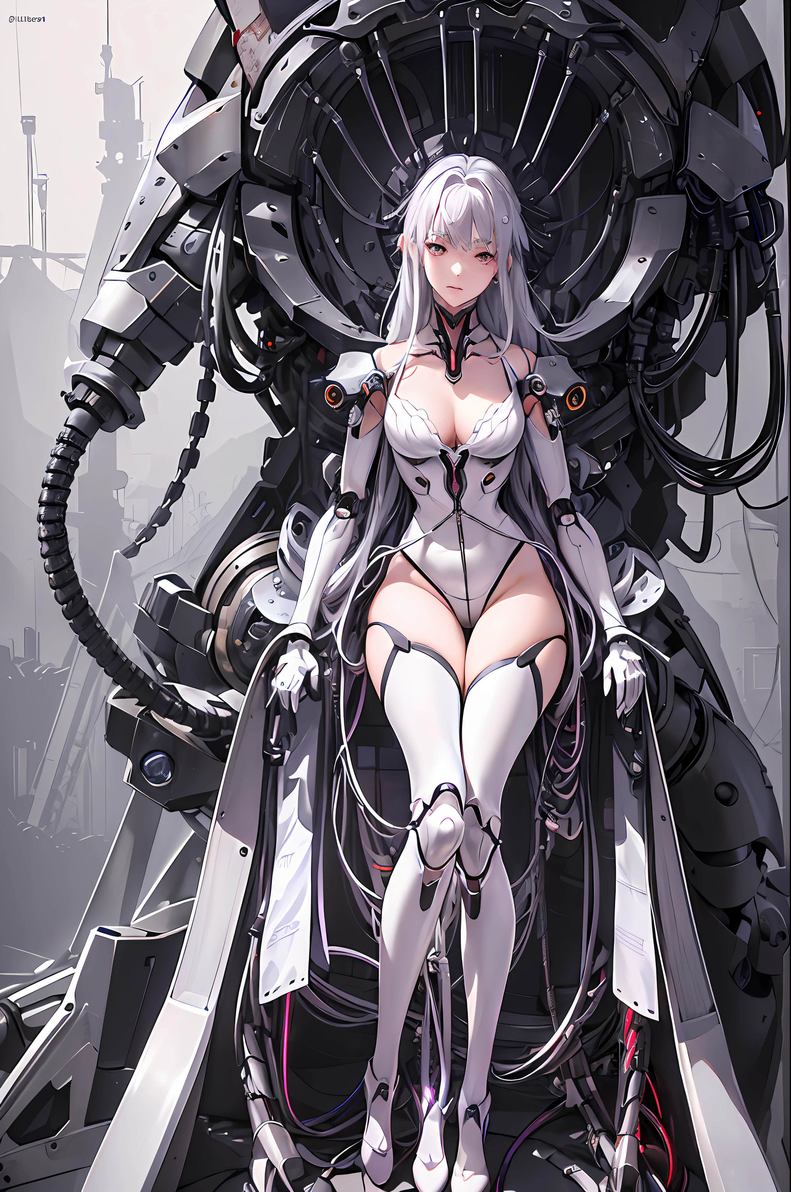 (((Masterpiece)))), (((highest quality)))), ((Ultra Definition)), (Very Detailed Photoreality), ((Very Delicate and Beautiful)), (Delicate and Pretty Face), Cinematic Light, (((1 Girl)), Solo, Full Body, Big, Cleavage Is Visible Skin, White Hair, Purple Eyes, Glowing Eyes, Thighs Exposed Skin, (Mechanical Joints: 1.4), (Mechanical Limbs)), ( blood vessels connected to tubes), (((vertebrae of machines attached to the back)), ((cervical vertebrae of machines) attached to the neck)), (((sitting)), expressionless, (wires and cables attached to the head and body: 1.5), (character focus), small LED lamps on the body, Evangelion, SF, metal, metallic body, detailed neon, hydraulic cylinder