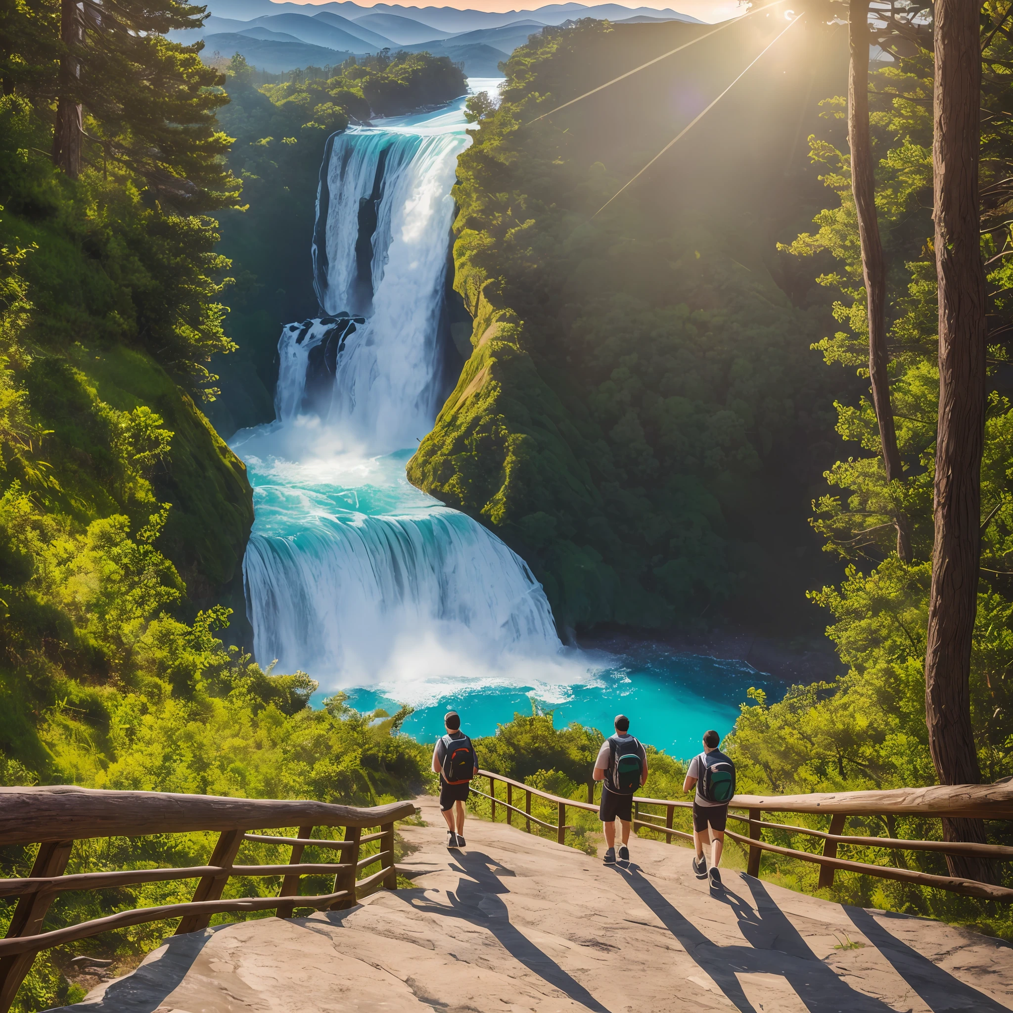 (8k, RAW photo, photorealistic:1.25) ,on the mountain, watching the waterfall, sunset, several people walking on the path, Verism, ray tracing, panorama, ultra wide angle, ultra hd, masterpiece, super detail, best quality