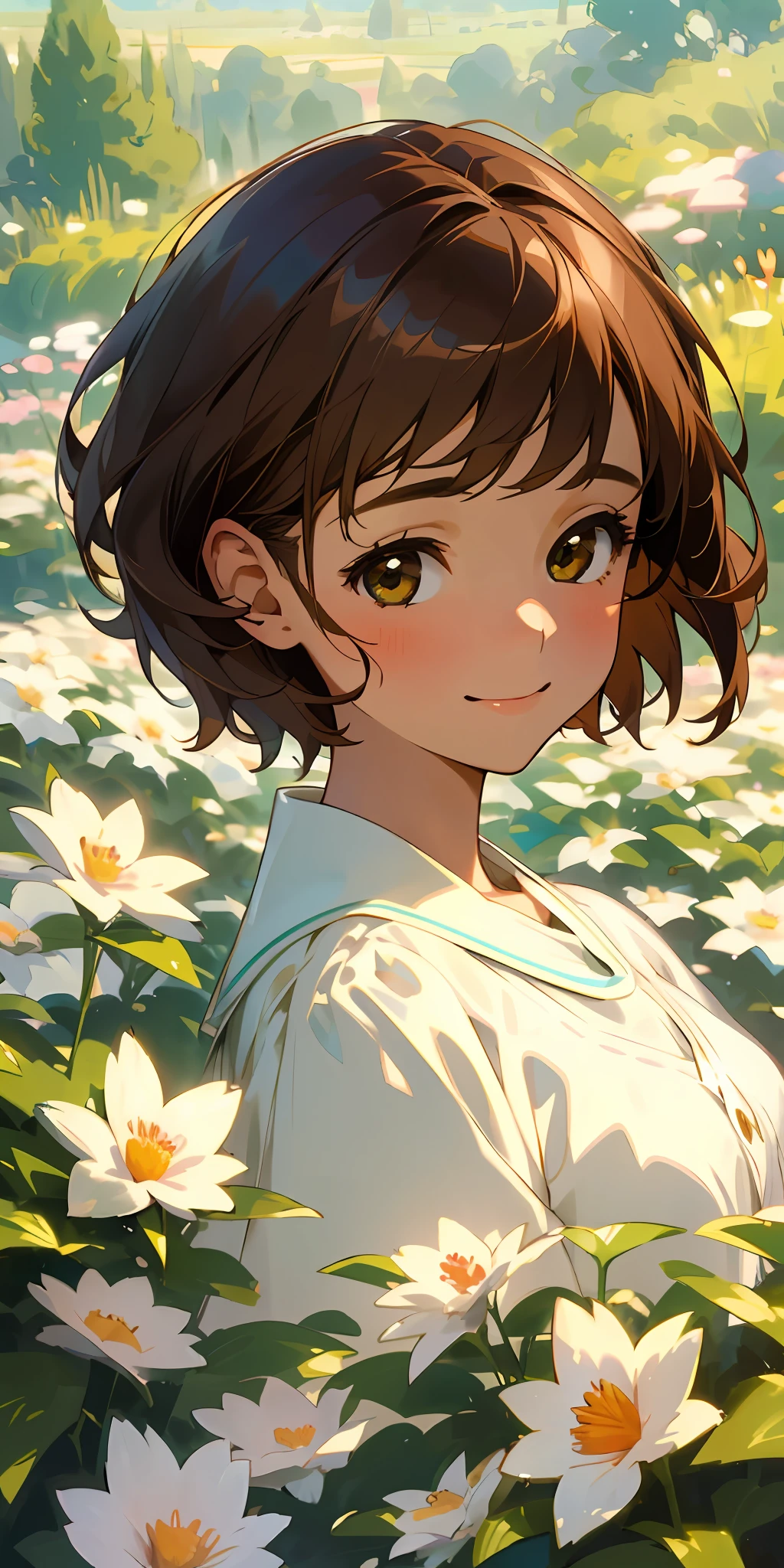 (top quality, masterpiece, ultra-realistic), one beautiful delicate portrait of a girl with eyes full of joy, short hair, brown hair, smile, soft and peaceful expression, the background landscape is a garden with petals and puffs flying around. --v6