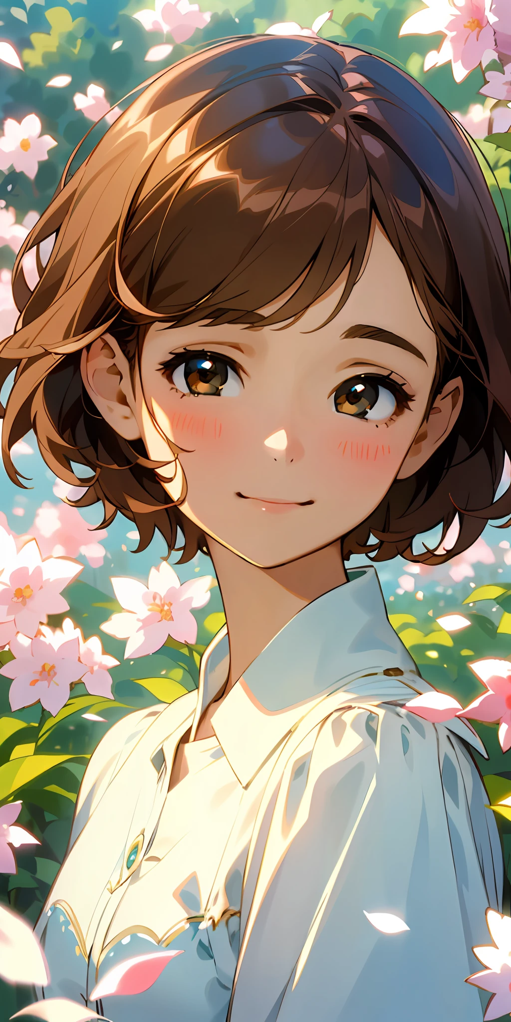 (top quality, masterpiece, ultra-realistic), one beautiful delicate portrait of a girl with eyes full of joy, short hair, brown hair, smile, soft and peaceful expression, the background landscape is a garden with petals and puffs flying around. --v6