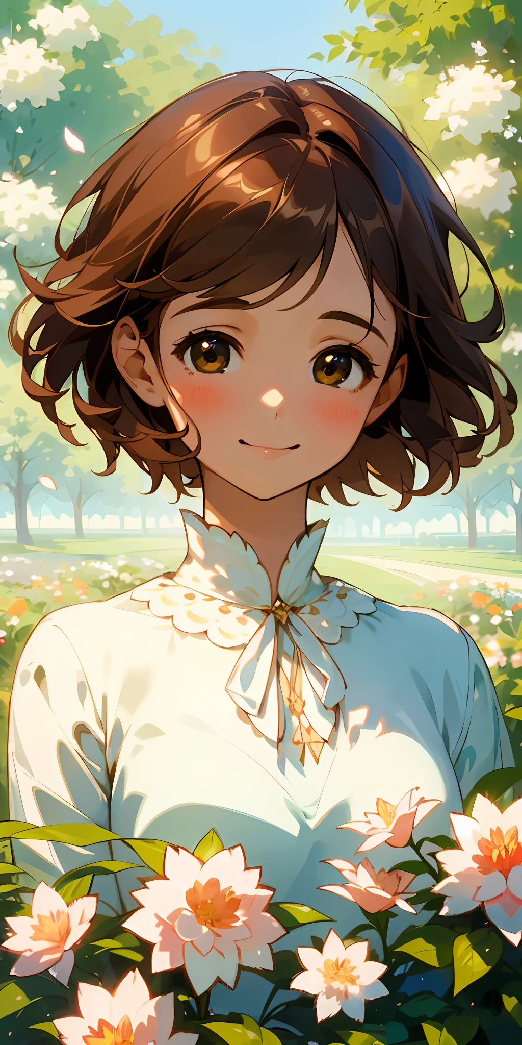 (top quality, masterpiece, ultra-realistic), one beautiful delicate portrait of a girl with eyes full of joy, short hair, brown hair, smile, soft and peaceful expression, the background landscape is a garden with petals and puffs flying around. --v6