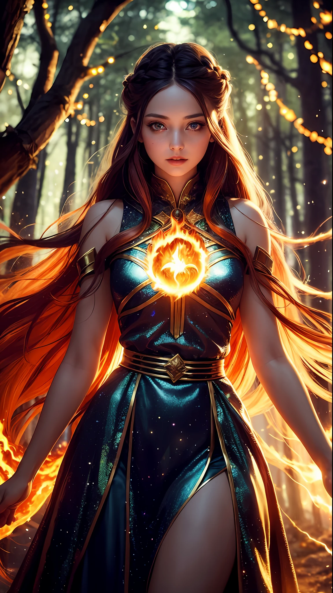 ((1girl)), sorceress, magic, wearing a long dress made of lights, magical forest, with flowing, (((fire)) magic), tight sorceress clothes, magical clothing, (((flowing hairstyle))), (((glowing eyes))), wearing cloak, ((bokeh)), depth of field,