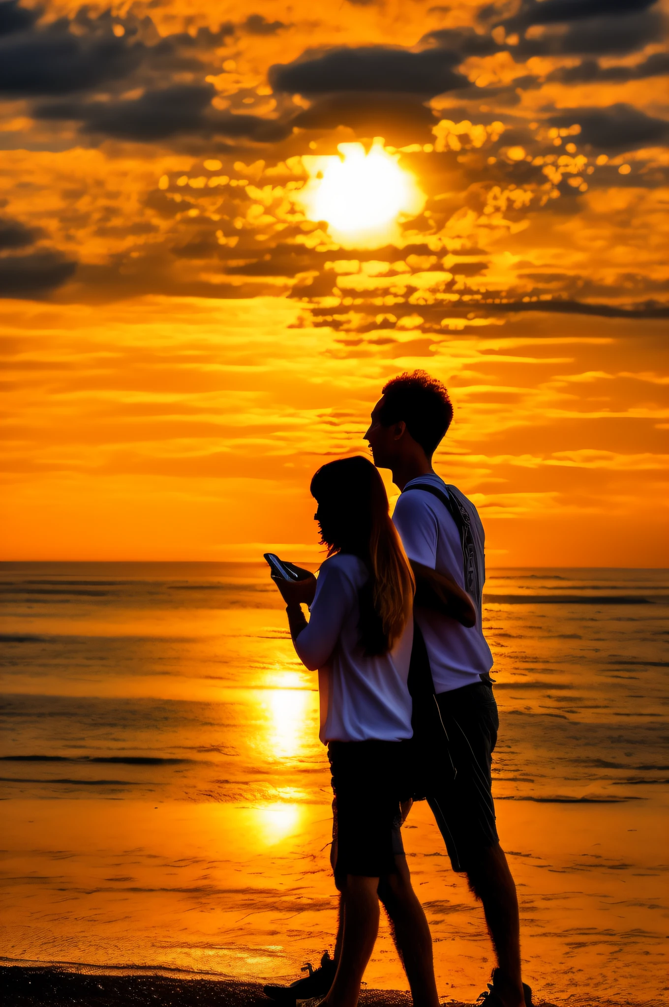 they are walking along the beach at sunset with their cell phones, couple, romantic couple, at the sunset, at golden hour, calm feeling, at the golden hour, taken at golden hour, wonderful scene, warm glow, romantic, sun setting, in the evening, golden glow, with sunset, romantic!!!, serene emotion, in the sunset, golden light