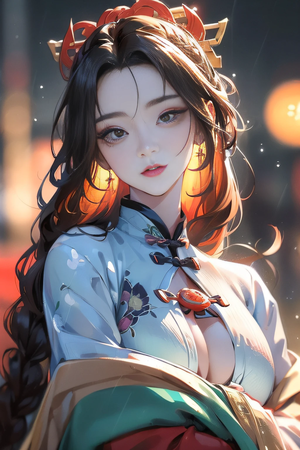 (Masterpiece:1.2, high quality),(pixiv:1.4),(Gongbi painting of the Song Dynasty:1.4),(wide-angle lens,Panoramic:1.2),(imid shot:0.95),(imid shot,macro shot:1.25),Dynamic Angle,Perspective,High Point,(black background:1.2),[(black background:1.5)::5],
masterpiece,best quality,8k,insane details,intricate details,hyperdetailed,hyper quality,high,Braid,(mature female:1.5),sideways glance,(cold attitude:1.2),
Eyebrows like early spring willow leaves,often with rain hate cloud sorrow,Face such as peach blossom in March,hidden amorous month. Thin waist curl,constrained yan lazy warbler languid,Sandalwood mouth light,seduce the bee crazy butterfly chaos. Enchanting jade speech,beautiful jade fragrance,
A shot with tension,(sky glows red,Visual impact,giving the poster a dynamic and visually striking appearance:1.2),close-up,(imid shot,macro shot:1.25),(Detailed face description),(Detailed hair description),(Detailed clothes description),
{Extremely Delicate Beautiful},(detailed eye description),((Delicate Faces)),(Beautiful and detailed facial depiction),
(beautiful face),thin face,slim,oval face,perfect face,delicate face,eyes detailed,Milky skin,(full body:1.1),