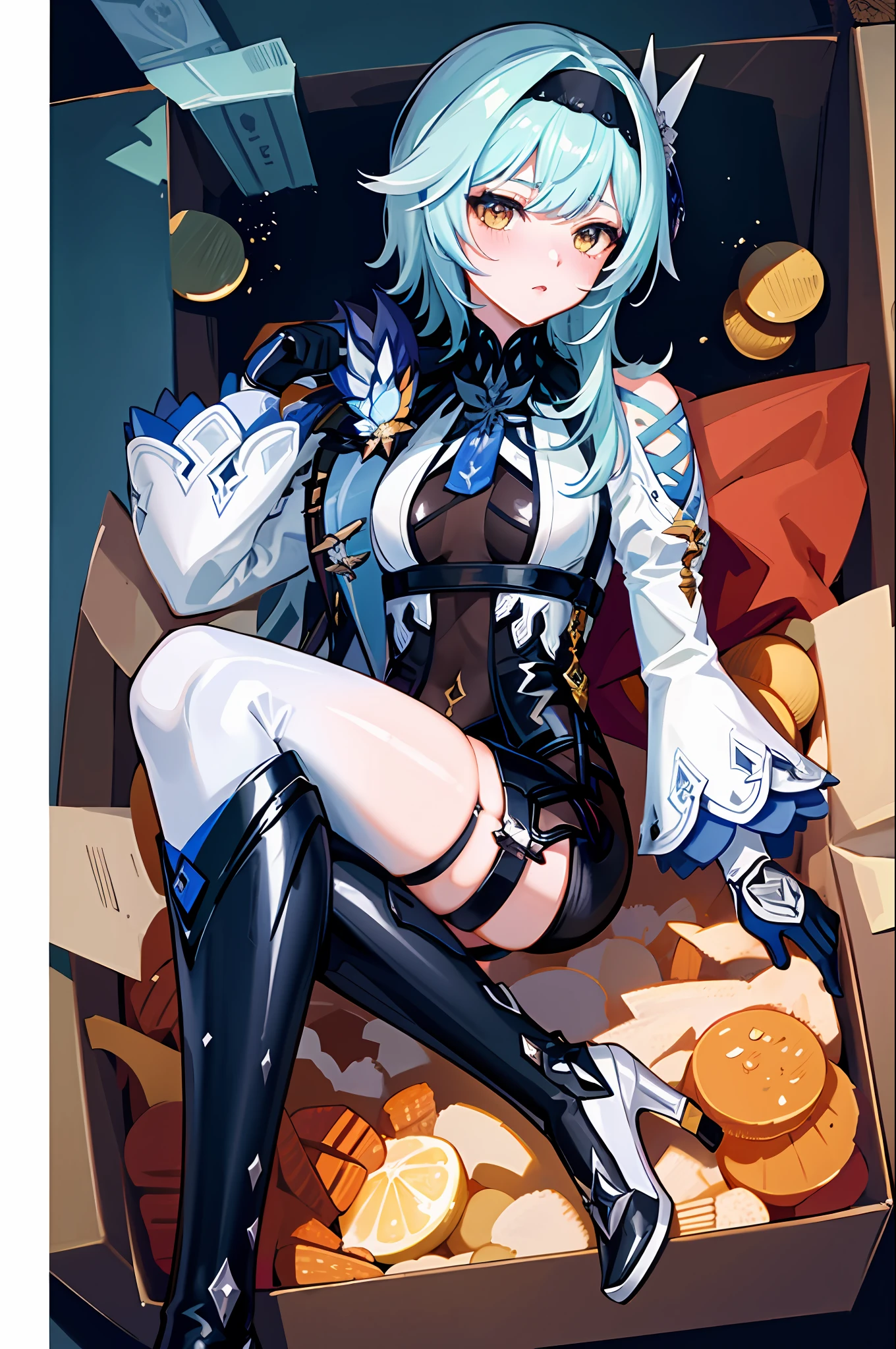 (masterpiece, top quality, best quality, official art, beautiful and aesthetic:1.2),(8k, best quality, masterpiece:1.2), there is a woman sitting in a box full of money and diamod, isi kotaknya primogems, eula genshin impact, eula game genshin impact, kawacy, splash art anime , extremely detailed artgerm, artgerm. anime illustration, from girls frontline, ! dream artgerm, ruan jia and artgerm, facial expressions that are so sexy and seductive, 2 hands, 2 legs