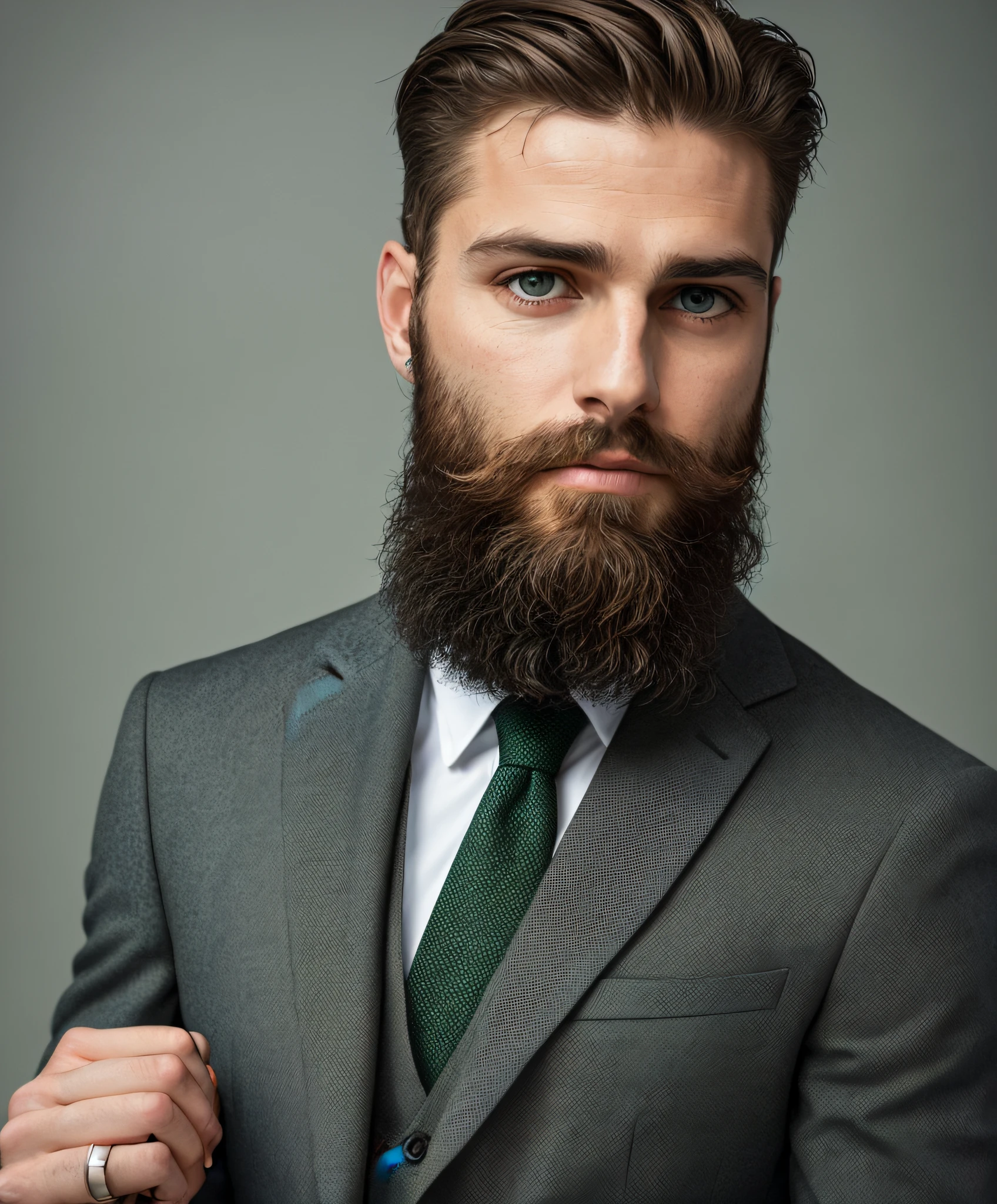 man in suit, discreet, wearing business black suit, slightly green eyes with beard, well-groomed model, showing face, professional profile picture, office clothes, high-res, masterpiece, best quality, intricate details, highly detailed, sharp focus, texture, detailed eyes, professional, 4k