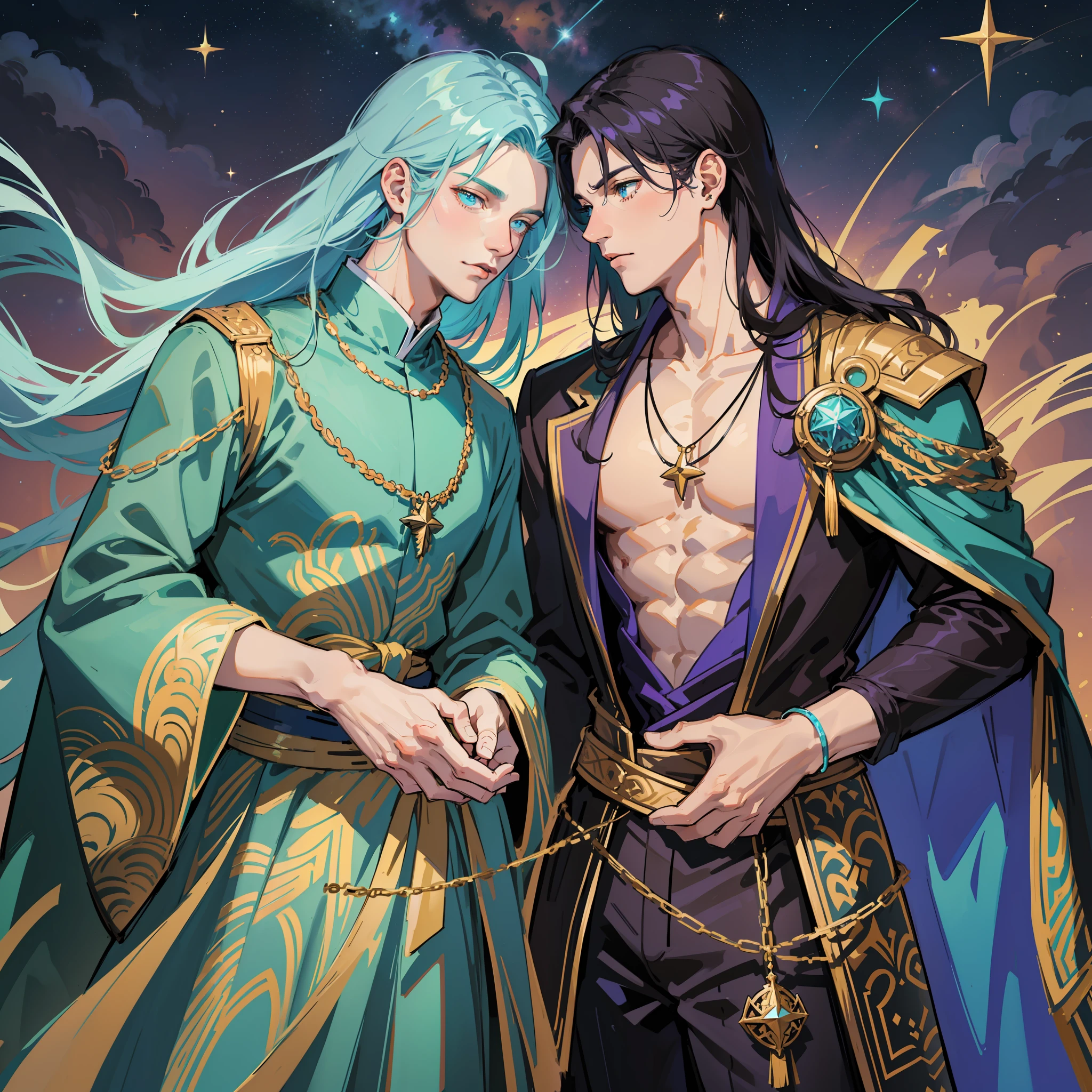 BL, two handsome people, two boys, turquoise long hair boys and lavender short hair boys, masculine features, masculine bodies, muscular boys, star ornaments, space ornaments, beautiful, beautiful, colorful, fantasy, fantastic, mixed medieval european aristocratic clothes and kimono, luxurious costumes, cuddling figures, starry sky, constellations, two people floating in the air, fantastic sky