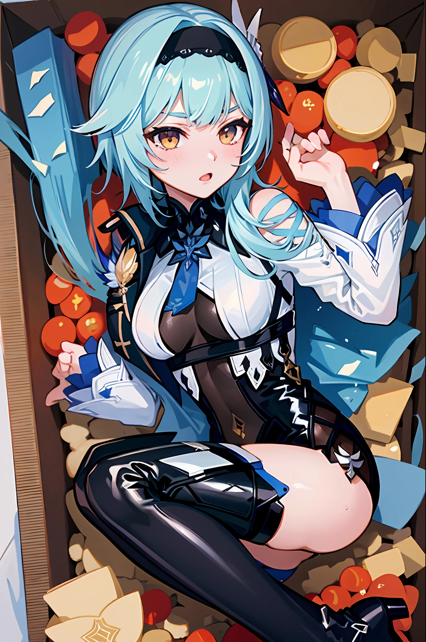 (masterpiece, top quality, best quality, official art, beautiful and aesthetic:1.2),(8k, best quality, masterpiece:1.2), there is a woman sitting in a box full of money and diamod, isi kotaknya primogems, eula genshin impact, eula game genshin impact, kawacy, splash art anime , extremely detailed artgerm, artgerm. anime illustration, from girls frontline, ! dream artgerm, ruan jia and artgerm, facial expressions that are so sexy and seductive, 2 hands, 2 legs