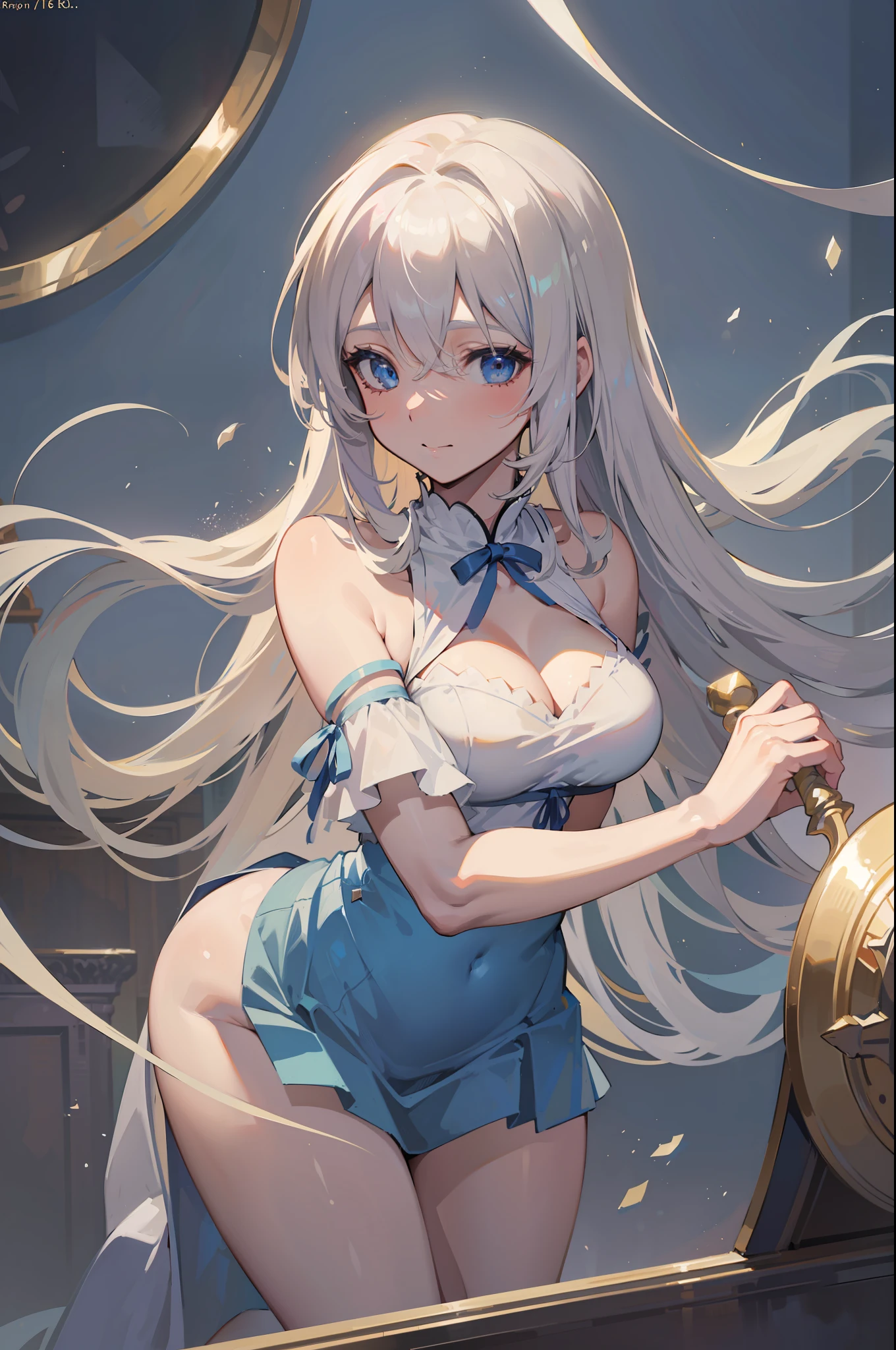 ((Best Quality, 8K, Best Masterpiece)) Anime characters with long gray hair and blue eyes, Anime visuals of young women, Today's featured anime stills, God of White Hair, official art, cute girl anime visuals, Popular isekai anime, Tsuaii, Marisa Kirigami, Anime movies, TV anime still, Isekai, Hestia, Albedo of Anime Overlord Transparency Blue small ribbon in hair smile