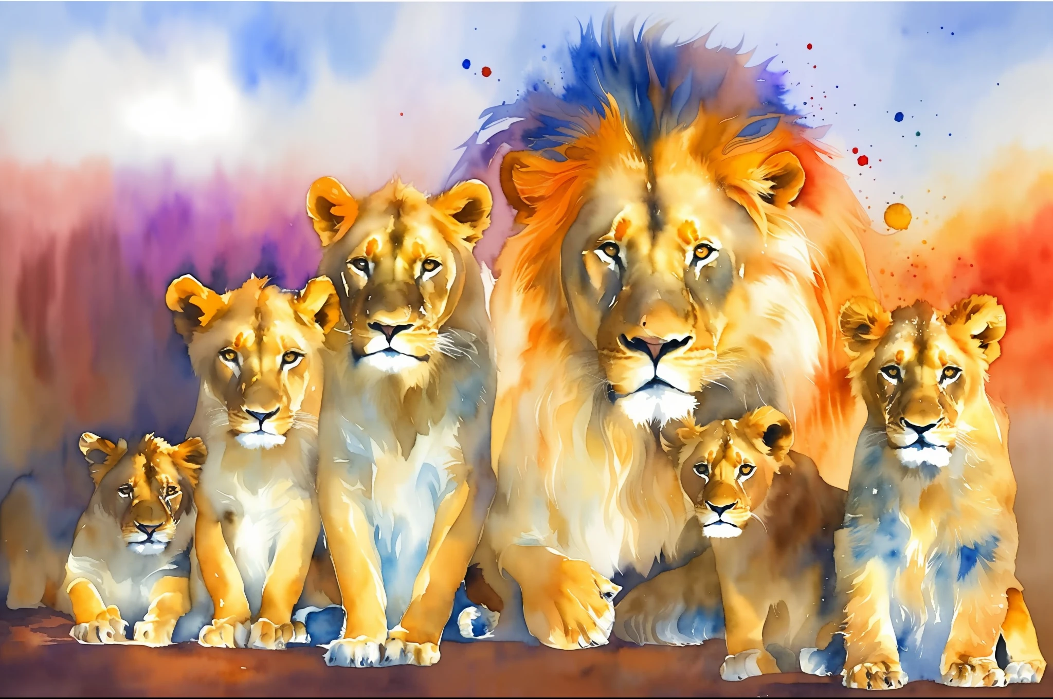 a painting of a group of lions sitting next to each other, lions, incredible art, amazing art, watercolor detailed art, family portrait, animal painting, detailed beautiful animals, gorgeous art, realistic watercolour, watercolour realistic, fantastic art, by derek zabrocki, high quality watercolors, stunning art, inspiring art, watercolor painting, very fantastic art, by Elaine Hamilton