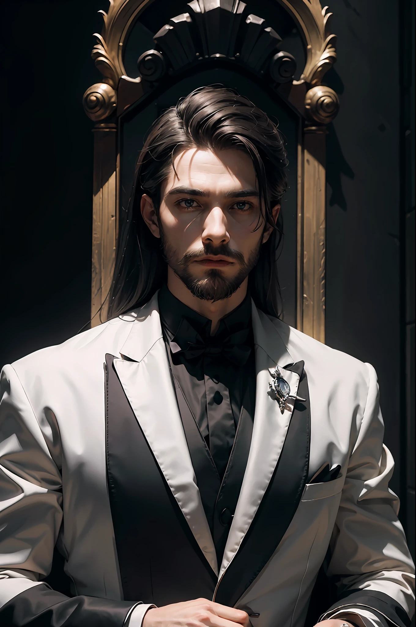 "(exquisitely detailed CG unity 8k wallpaper, masterpiece-quality with stunning realism), (best illumination, best shadow), (best quality), ((gallant man)), thin beard, fit body, (elegant and demonic style:1.2), demon lord, standing in throne room, holding a glass of wine, wearing a (sleek white tuxedo:1.2), (piercing black eyes+short black hair:0.8), surrounded by an ominous and dark atmosphere, accentuated by dramatic and striking lighting, imbued with a sense of surreal fantasy".