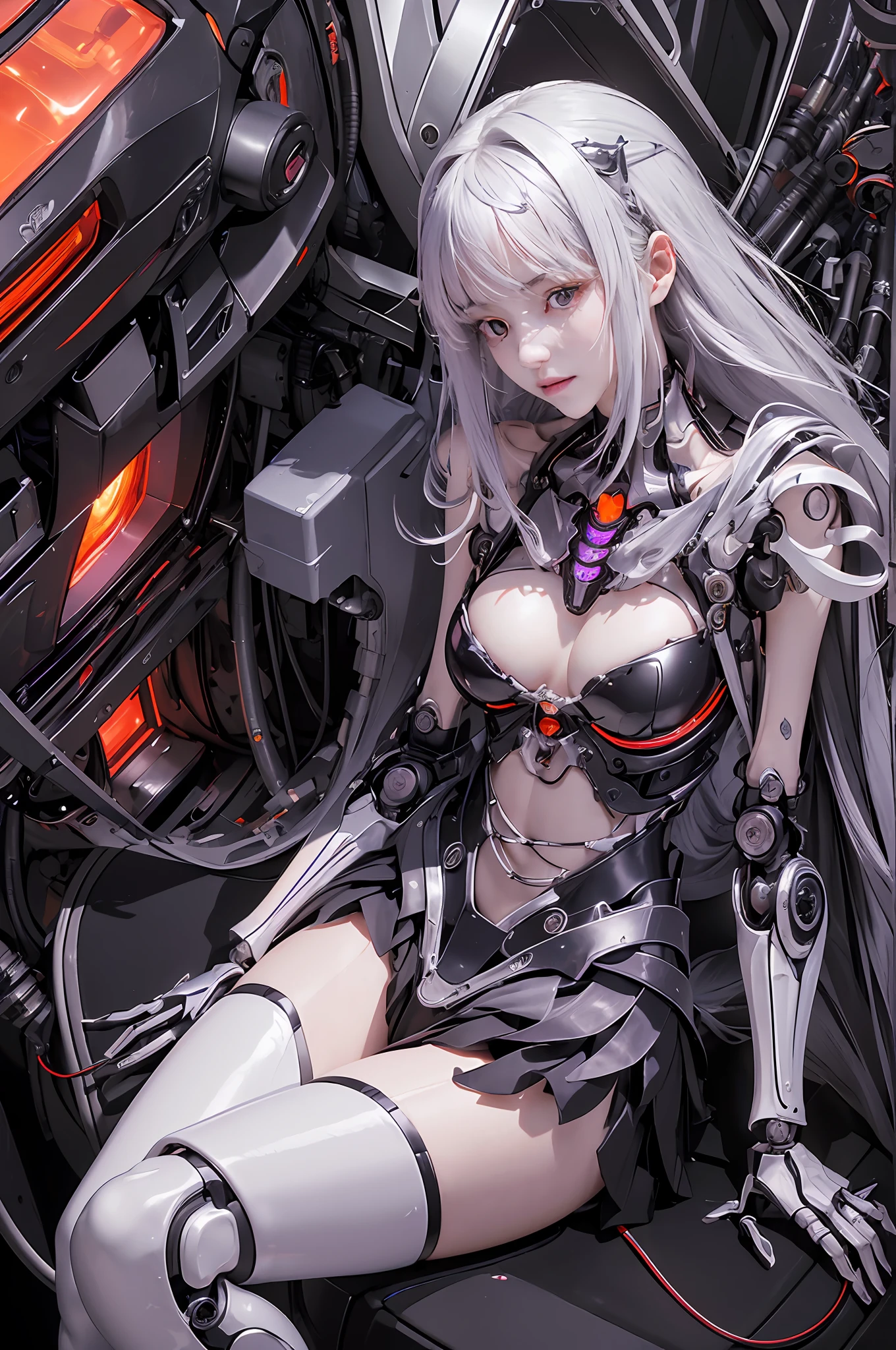 (((Masterpiece)))), (((highest quality)))), ((Ultra Definition)), (Very Detailed Photoreality), ((Very Delicate and Beautiful)), (Delicate and Pretty Face), Cinematic Light, (((1 Girl)), Solo, Full Body, Big, Cleavage Is Visible Skin, White Hair, Purple Eyes, Glowing Eyes, Thighs Exposed Skin, (Mechanical Joints: 1.4), (Mechanical Limbs)), ( blood vessels connected to tubes), (((vertebrae of machines attached to the back)), ((cervical vertebrae of machines) attached to the neck)), (((sitting)), expressionless, (wires and cables attached to the head and body: 1.5), (character focus), small LED lamps on the body, Evangelion, SF, metal, metallic body, detailed neon, hydraulic cylinder