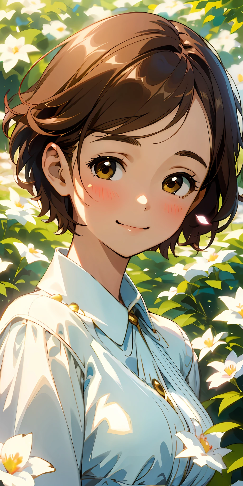 (top quality, masterpiece, ultra-realistic), one beautiful delicate portrait of a girl with short hair, brown hair, smiling, soft and peaceful expression, squinting eyes full of joy, the background landscape is a garden with petals and puffs flying around. --v6