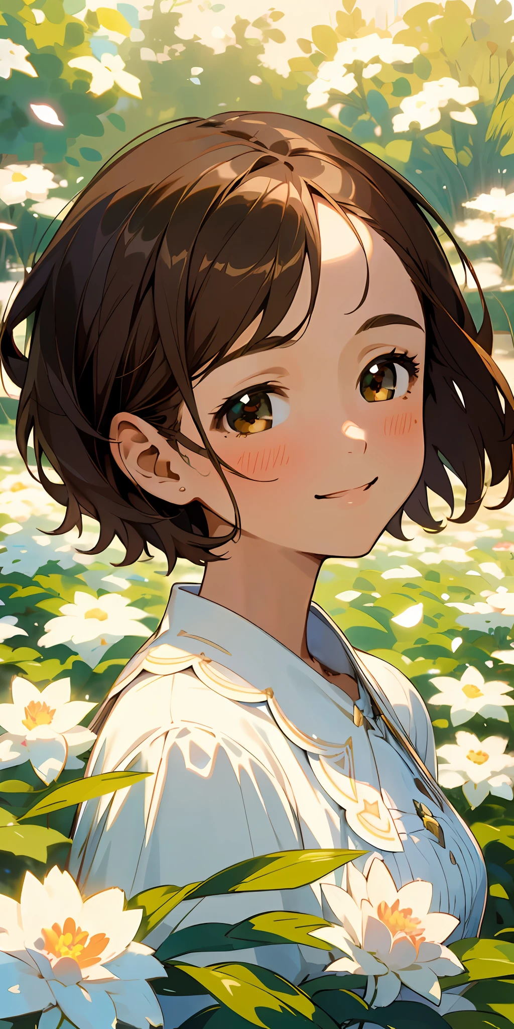 (top quality, masterpiece, ultra-realistic), one beautiful delicate portrait of a girl with short hair, brown hair, smiling, soft and peaceful expression, squinting eyes full of joy, the background landscape is a garden with petals and puffs flying around. --v6