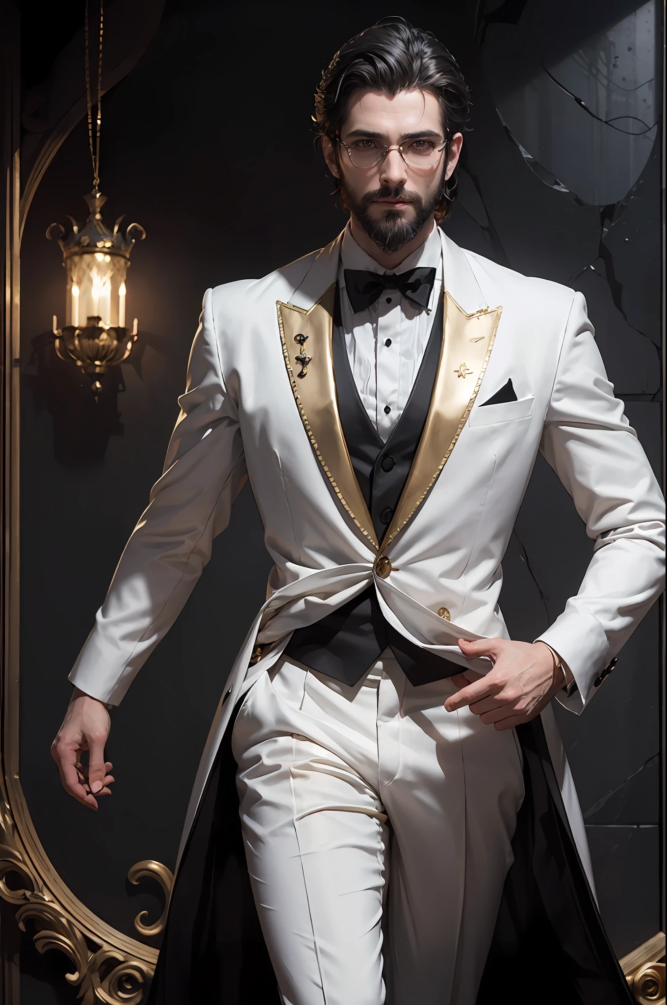 "(exquisitely detailed CG unity 8k wallpaper, masterpiece-quality with stunning realism), (best illumination, best shadow), (best quality), dark fantasy, ((gallant man)), thin beard, fit body, (elegant and demonic style:1.2), demon lord, standing in glorious gold ornament throne room, smirk smile, wearing a (sleek white tuxedo:1.2), (piercing black eyes+short black hair:0.8), surrounded by an ominous and dark atmosphere, cinematic lighting, imbued with a sense of surreal fantasy".