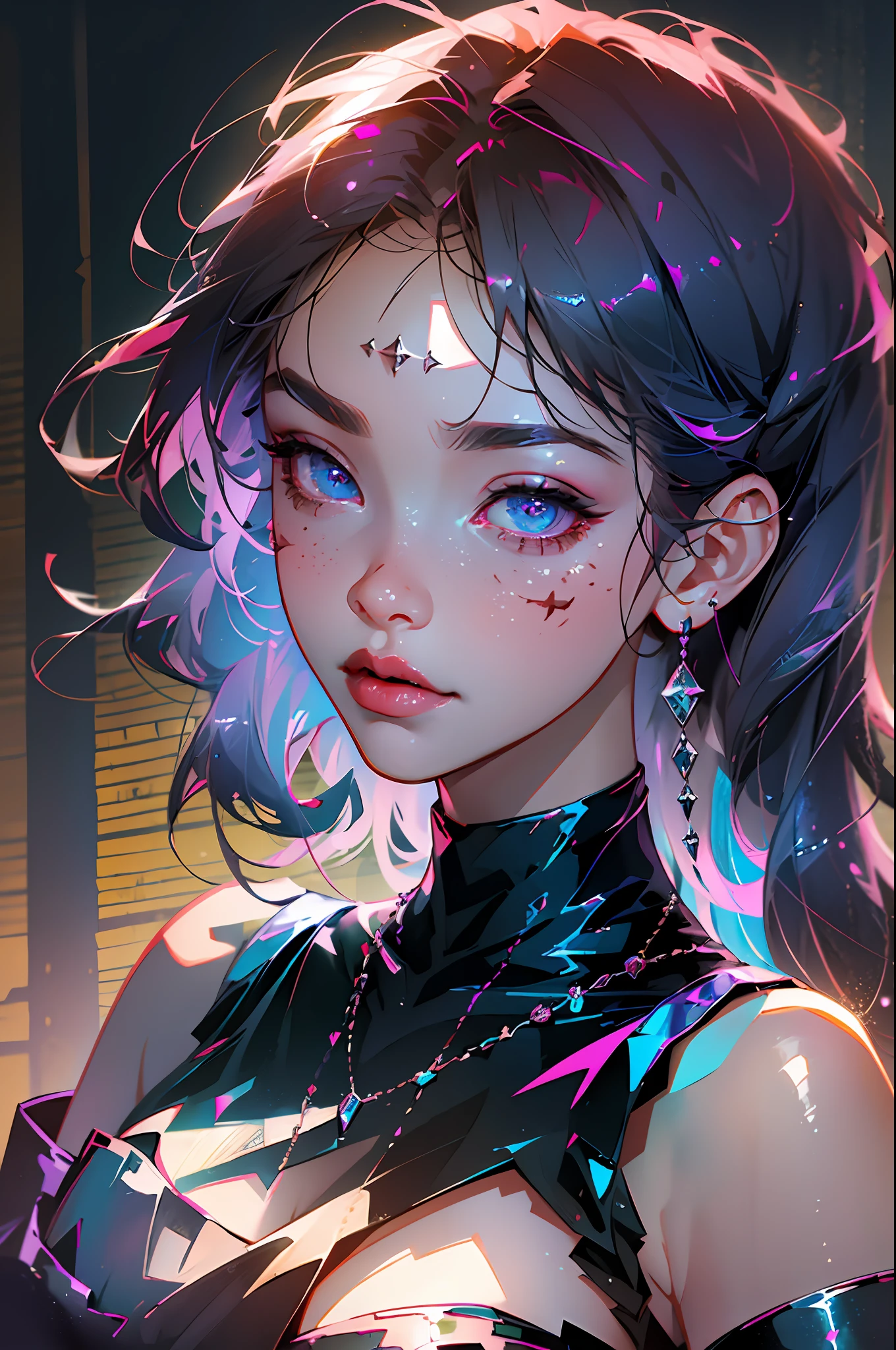 absurdres, 1girl,medium breast, star eye, blush, (realistic:1.5), (masterpiece, Extremely detailed CG unity 8k wallpaper, best quality, highres:1.2), (ultra_detailed, UHD:1.2), (pixiv:1.3), perfect illumination, distinct, (1girl:1.4), (bishoujo:1.2), looking at viewer, unreal engine, sidelighting, perfect face, detailed face, bangs, perfect body, beautiful eyes, pretty face, (bright skin:1.4), idol, (abs), ulzzang-6500-v1.1, (navel), ruins, dark place, night, dark aura, close-up, selfie, (blood on face:1.4), (evil smile:1.1)