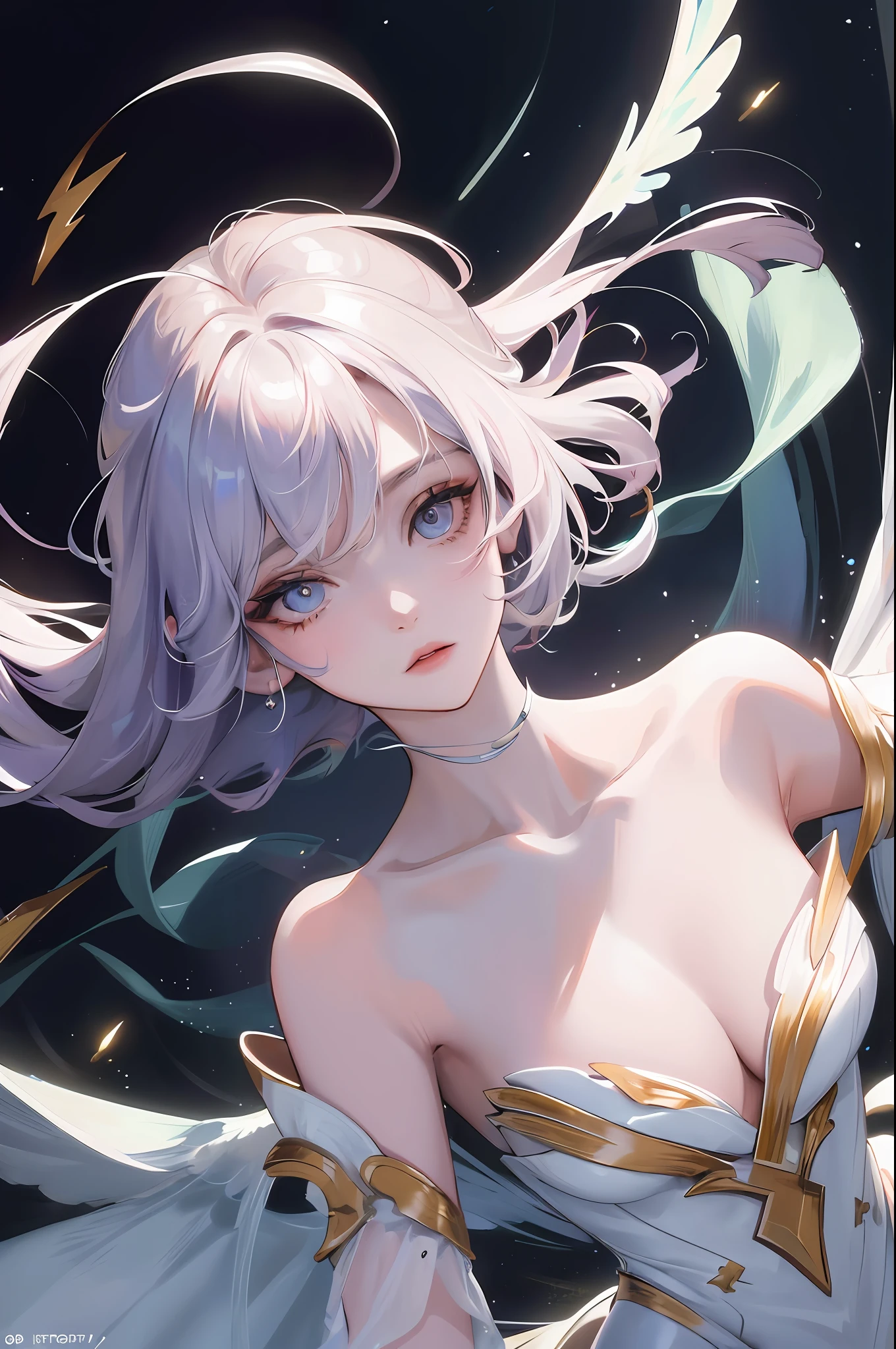 best quality, masterpiece, anime style, a beautiful woman angel,floating in the air ,lightning halo,having four beautiful white large wings ,moon, nebula, shooting stars, wearing a beautiful white dress, ultra beautiful detailed eyes, Precise iris depiction,looking at the viewer with a calm and goddess-like happiness,
,hyper detailed face, complex, perfect, model, textured, chiaroscuro, professional make-up, realistic, rough, dominating, figure in frame, Super beautiful background drawn by WLOP, cinematic lighting, stars, night, fireflies, near a lake, ethereal,