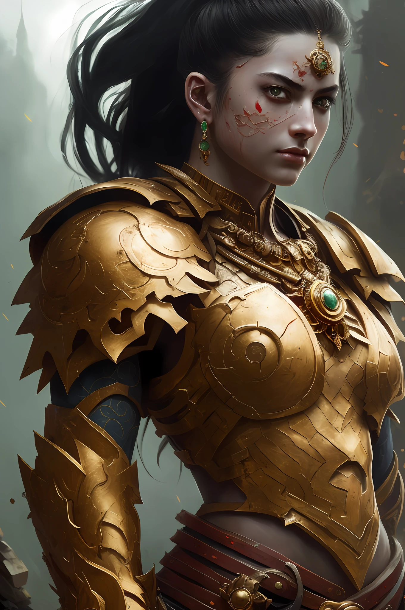(Painting: 1.3) from (Detailed illustration: 1.3) A (full body: 1.3) shooting in 8k resolution, splash art, fantastic comic book style, photorealistic, intense visual, anatomical photorealistic digital painting portrait of a (Spartan warrior with face covered in blood: 1.3) human (warrior: 1.3) in intricate green and gold (heavy armor: 1.3) in one (dark and temperamental universe: 1.3),  Particle of light, very detailed skin, samurai, very detailed eyes (old ring style: 1.3), (Warhammer style:1.1), conceptual artist, global lighting, depth of field, splash art, art by Artgerm and Greg Rutkowski and Viktoria Gavrilenko