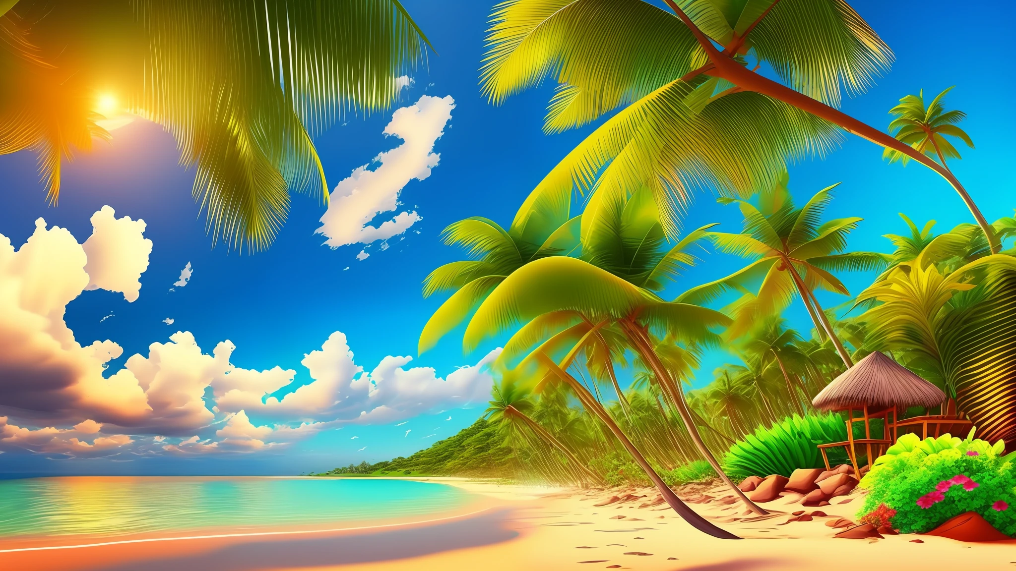 3D cartoon, beautiful beach, sunny morning, Brazilian plants --auto --s2