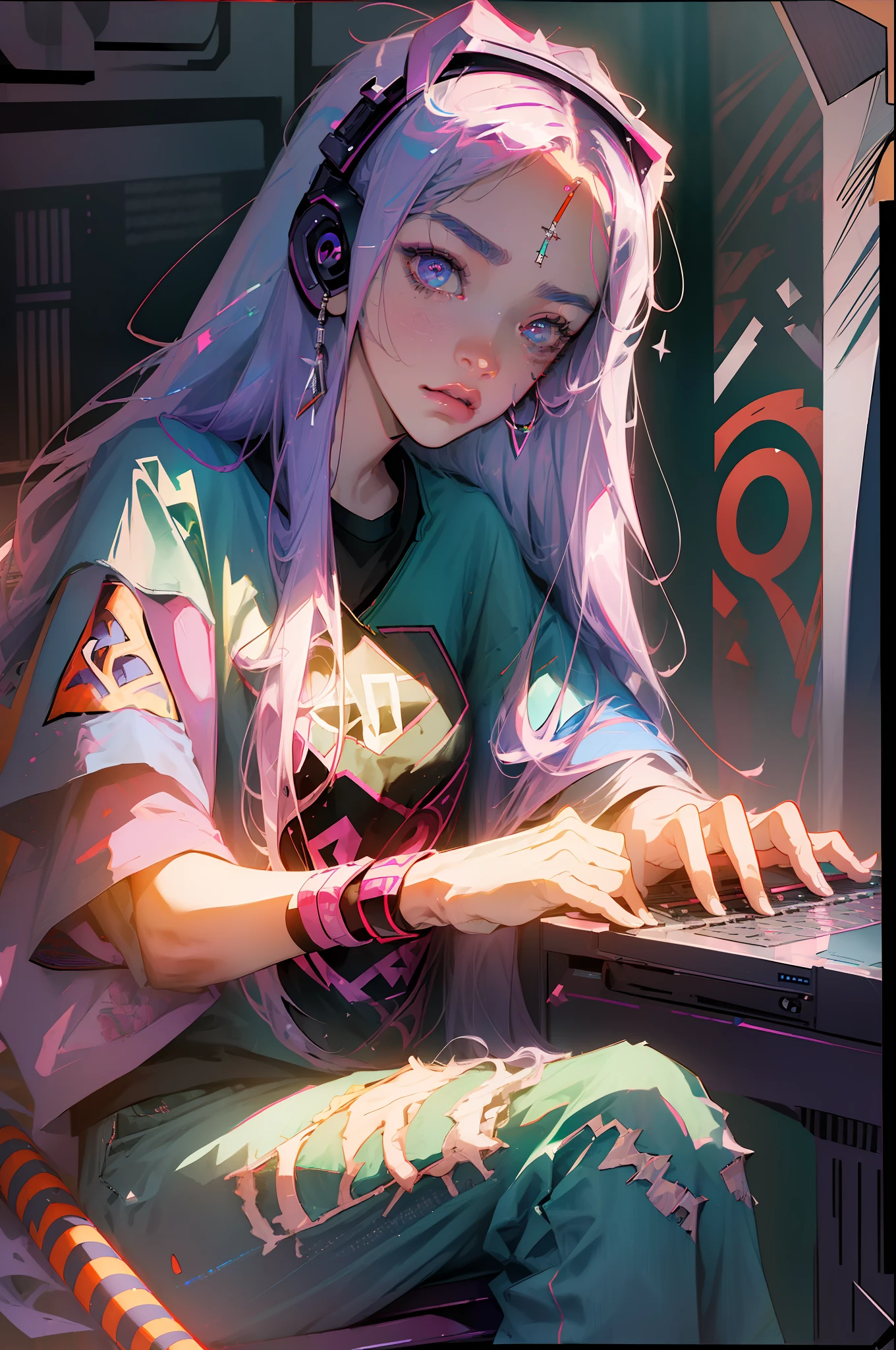 (masterpiece, best illustration, best manga), (extreme detail, ultra fine), solo, 1girl, violet eyes, (pink hair), (sitting at a computer:1.4),(long hair), (gamer headphones), (large tv in the background), (large breasts:1.3), (sexy), (vivid colors),(wearing a band tshirt:1.8), (denim jeans), (extreme light and shadow, volumetric lighting), (rim lighting:1.5), (solo), (70s style:.5),(ultra sharp:2), manwha1