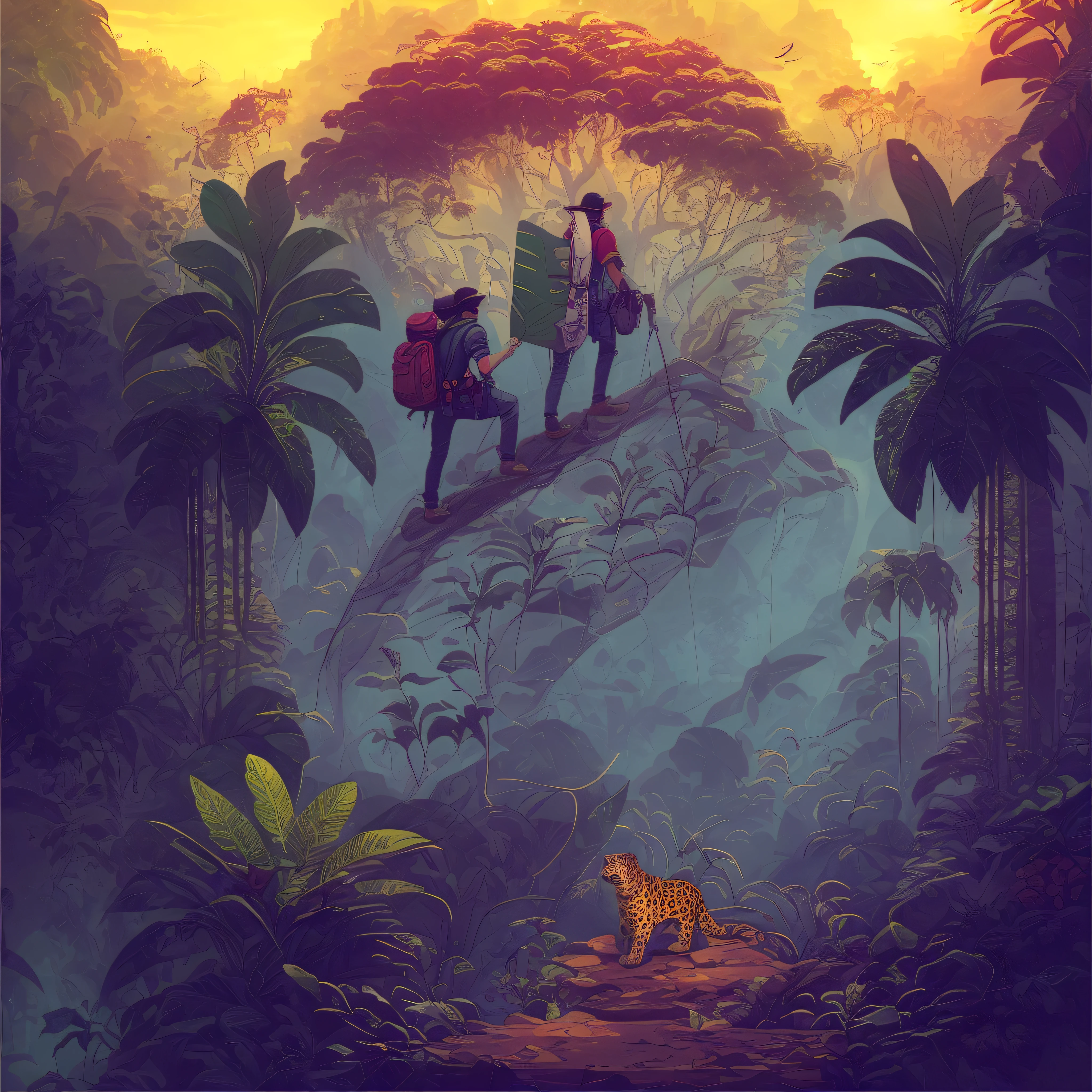There are two people standing on a rock in the jungle and a jaguar, Jen Bartel, a beautiful art illustration, poster illustration, tall detailed. Digital painting, Cyril Rolando and Goro Fujita, in the style of Cyril Rolando, in the style of Kyrill Kotashev, Cyril Rolando and M.W Kaluta --auto --s2