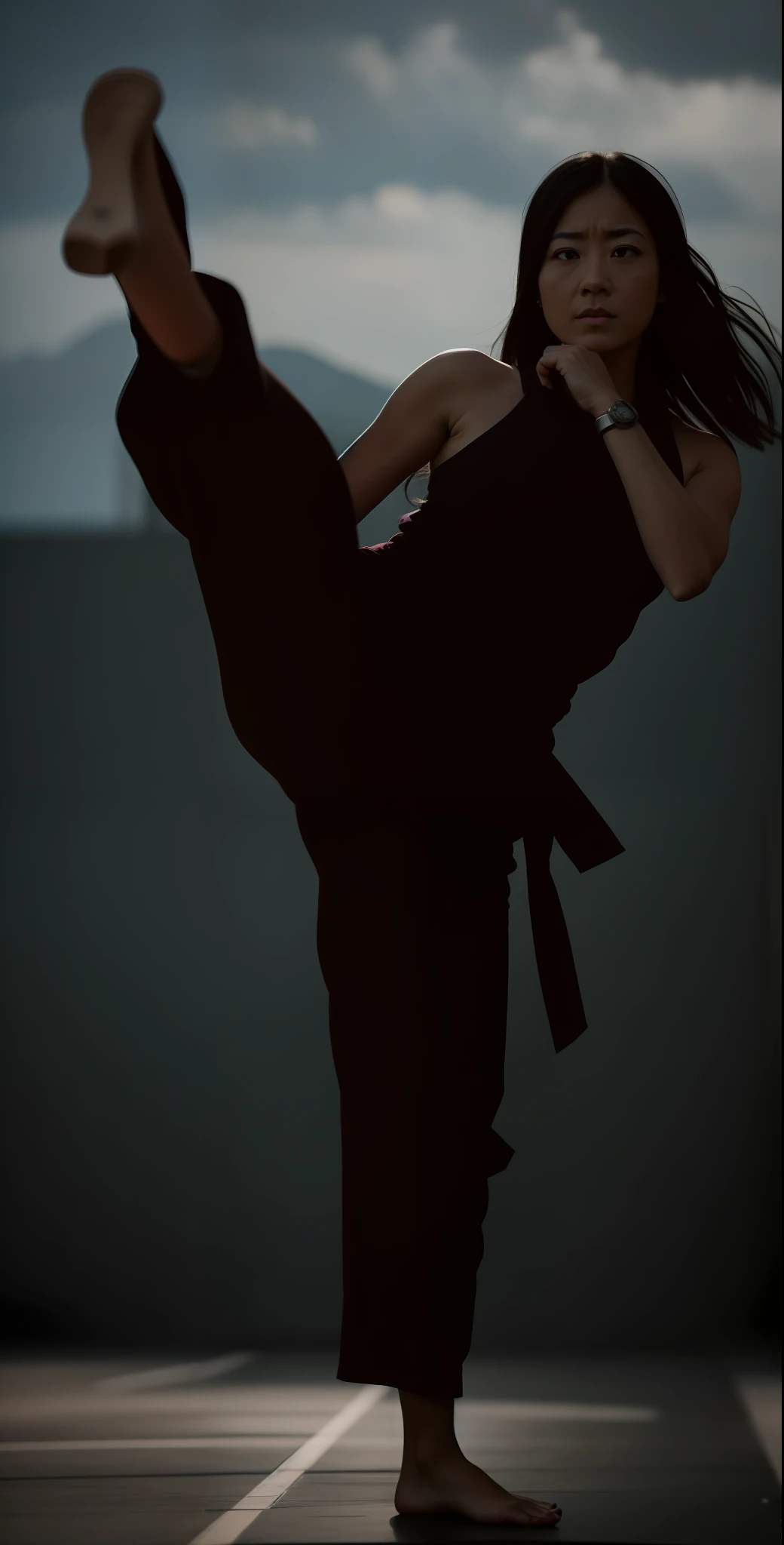 Cine still action portrait, a woman kicking, raw cinematic frame, ultra realistic, shot on Canon EOS R5, 45-70mm, F40, circular iris, circular pupils, detailed face, detailed skin