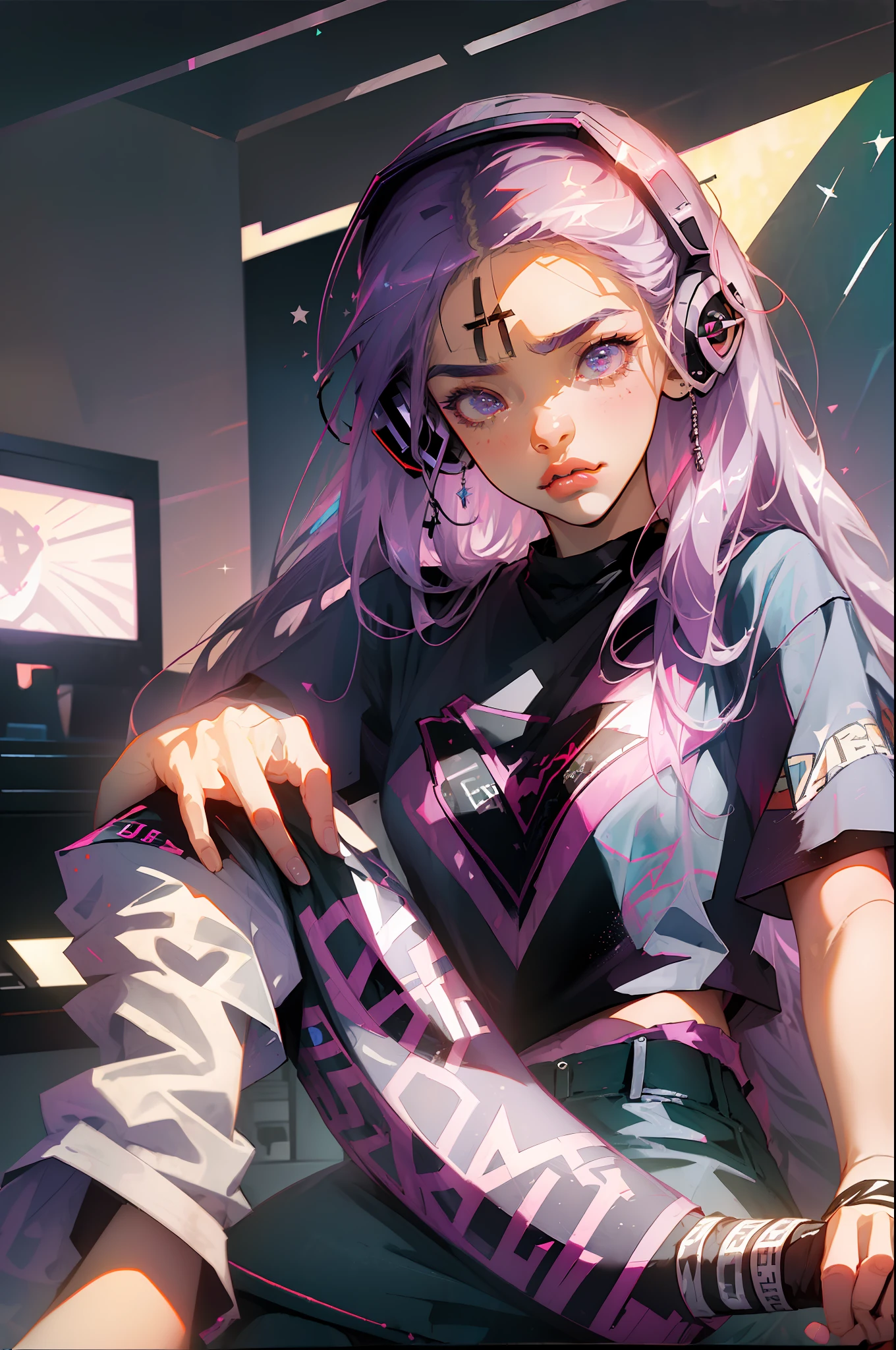(masterpiece, best illustration, best manga), (extreme detail, ultra fine), solo, 1girl, violet eyes, (pink hair), (sitting at a computer:1.4),(long hair), (gamer headphones), (large tv in the background), (large breasts:1.3), (sexy), (vivid colors),(wearing a band tshirt:1.8), (denim jeans), (extreme light and shadow, volumetric lighting), (rim lighting:1.5), (solo), (70s style:.5),(ultra sharp:2), manwha1