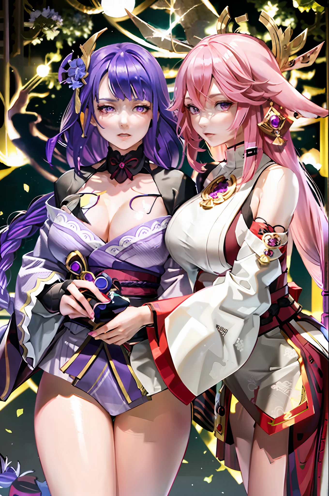 masterpiece, best quality,multiple girls, breasts, 2girls, yae miko, raiden shogun, purple eyes, pink hair, japanese clothes, purple hair, large breasts, long hair, cleavage, hair ornament, thighs, purple kimono, thighhighs, bangs, animal ears, detached sleeves, fox ears, wide sleeves, kimono, moon, weapon, braid,(kbxll:0.8)