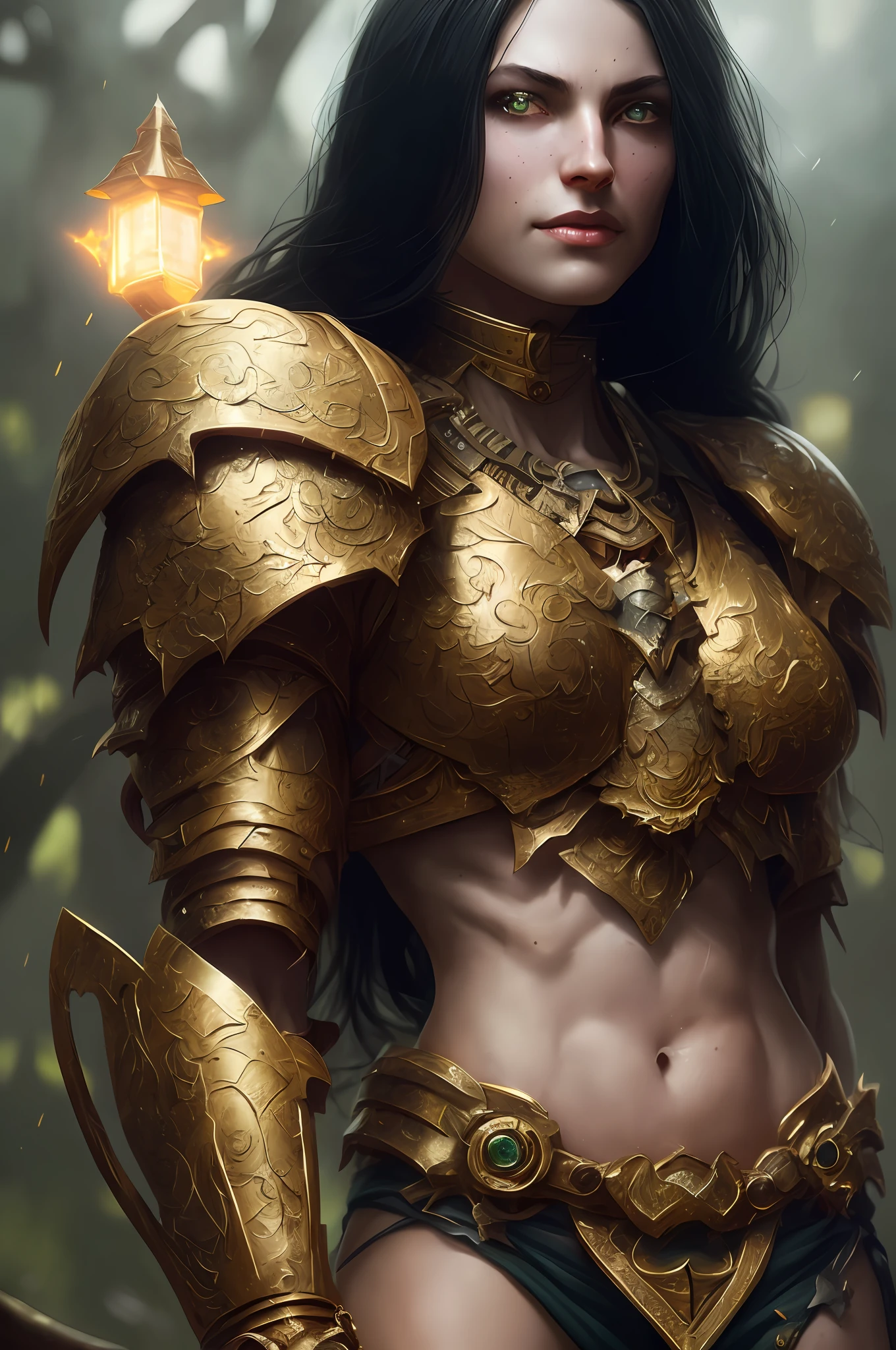 (Painting: 1.3) from (Detailed illustration: 1.3) A (full body: 1.3) shooting in 8k resolution, splash art, fantastic comic book style, photorealistic, intense visual, anatomical photorealistic digital painting portrait of a (Spartan warrior smiling menacingly: 1.3) human (warrior: 1.3) in intricate green and gold (heavy armor: 1.3) in one (dark and temperamental universe: 1.3), particle of light, Very detailed skin, samurai, very detailed eyes (old ring style: 1.3), (Warhammer style:1.1), conceptual artist, global lighting, depth of field, splash art, art by Artgerm and Greg Rutkowski and Viktoria Gavrilenko