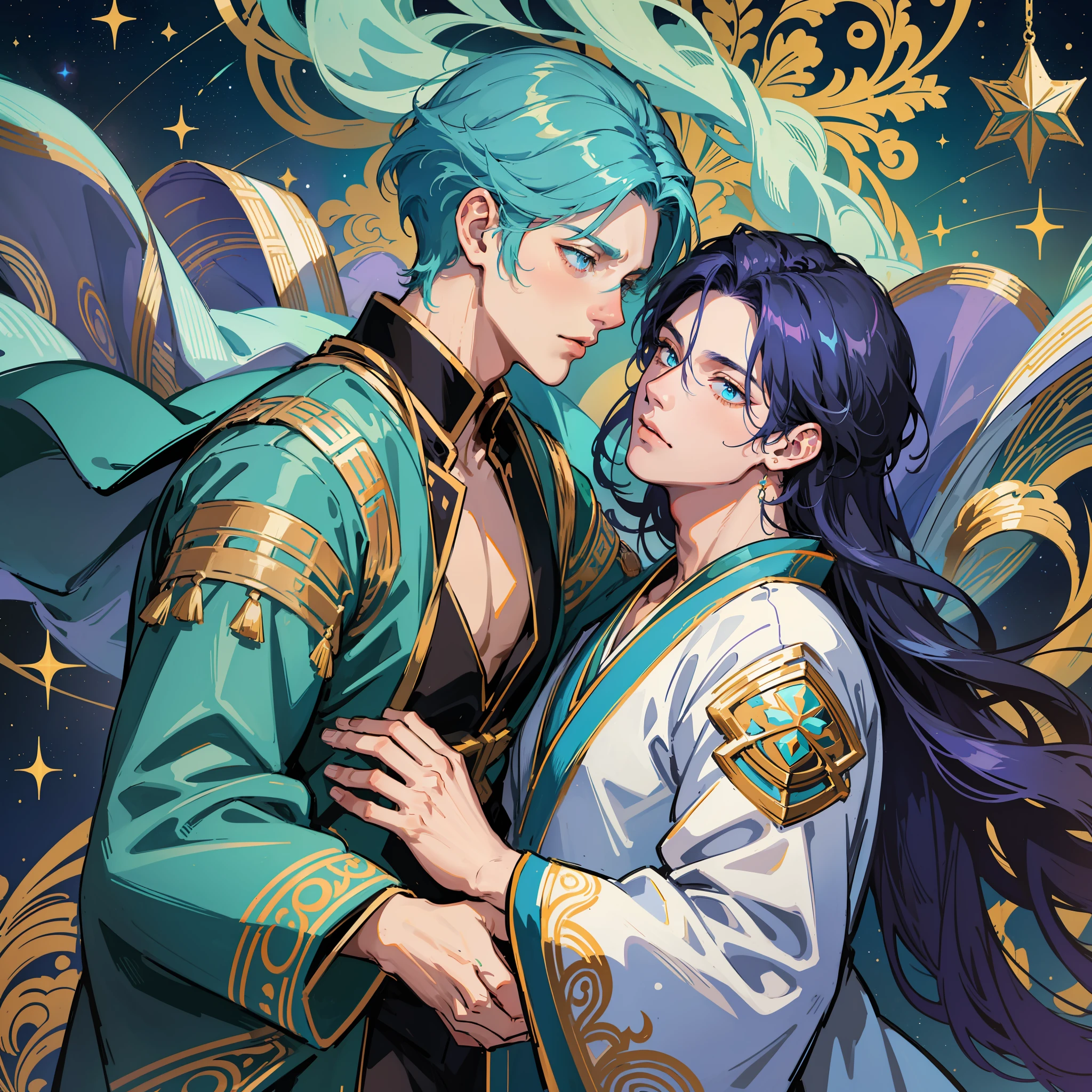 BL, two handsome people, two boys, turquoise long hair boys and lavender short hair boys, masculine features, masculine bodies, muscular boys, star ornaments, space ornaments, beautiful, beautiful, colorful, fantasy, fantastic, mixed medieval european aristocratic clothes and kimono, luxurious costumes, cuddling figures, starry sky, constellations, two people floating in the air, fantastic sky