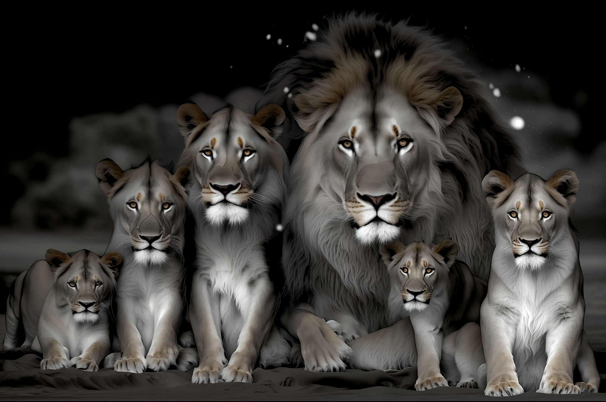 High-contrast black and white photograph of a family of lions posing for the photo. (((Realistic hairs))), observant eye, intricate details, ((black background))) sand floor. Realistic details, UHD,