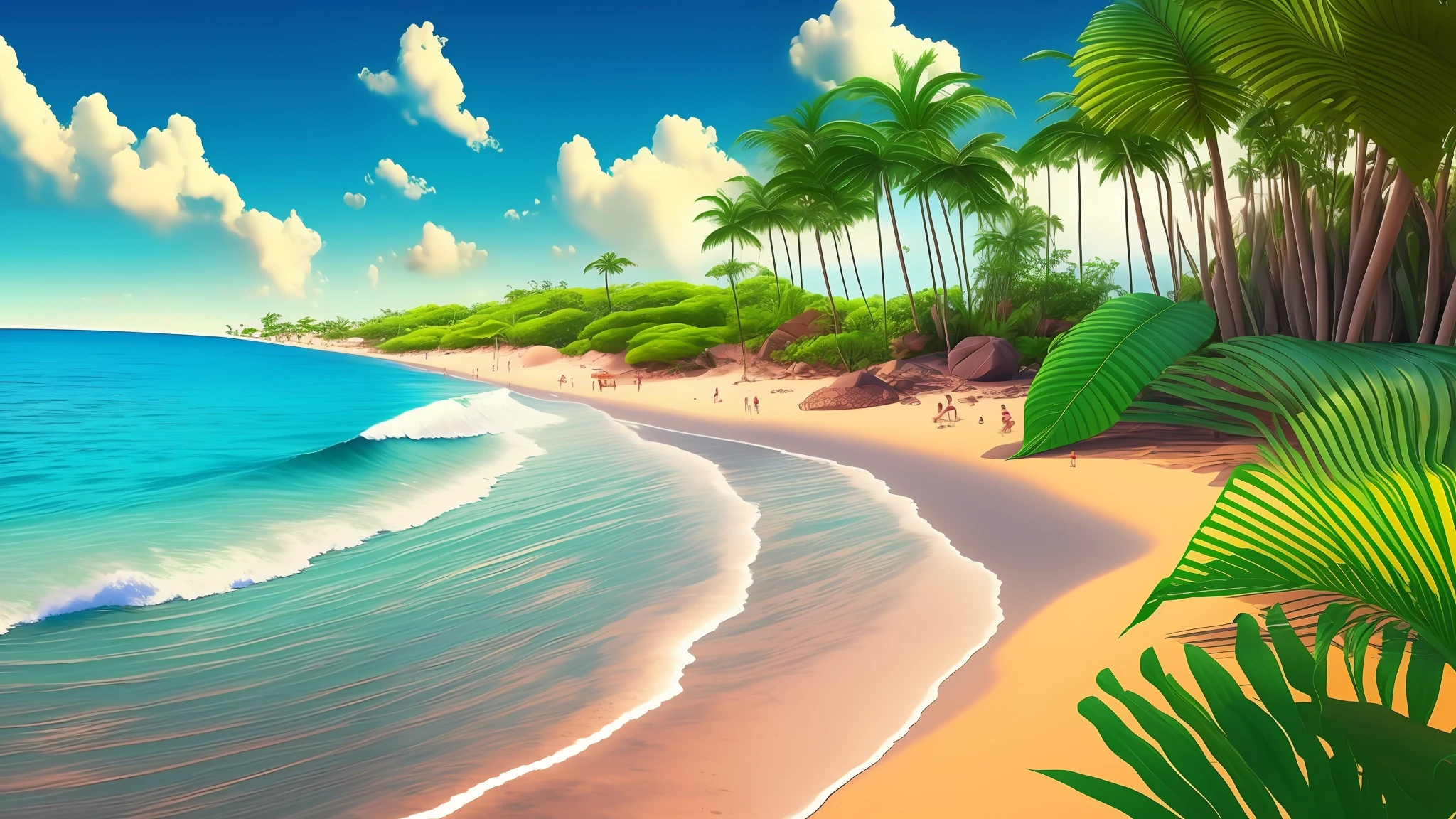 3D cartoon, beautiful beach, sunny morning, Brazilian plants --auto --s2