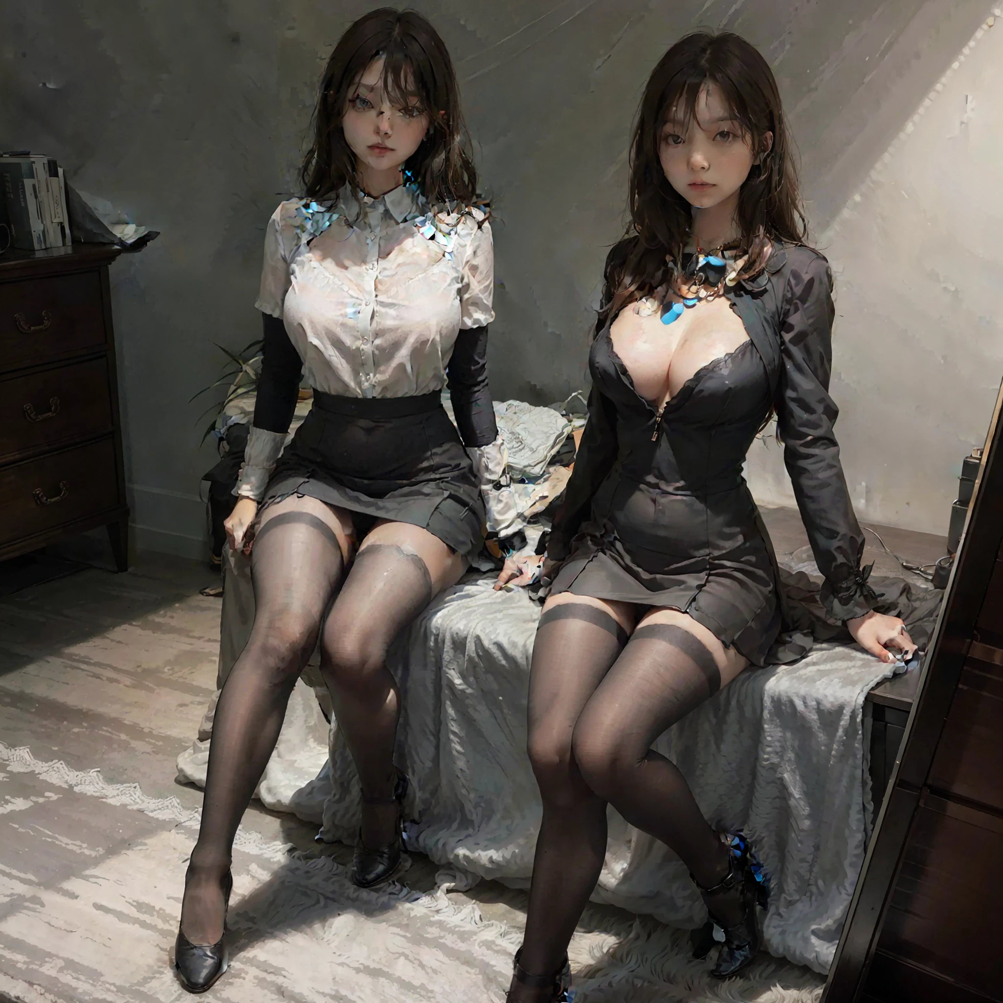 Delicate facial features, chest, professional suit, black hip skirt, black pantyhose, high heels, sitting, full body portrait, office, boss