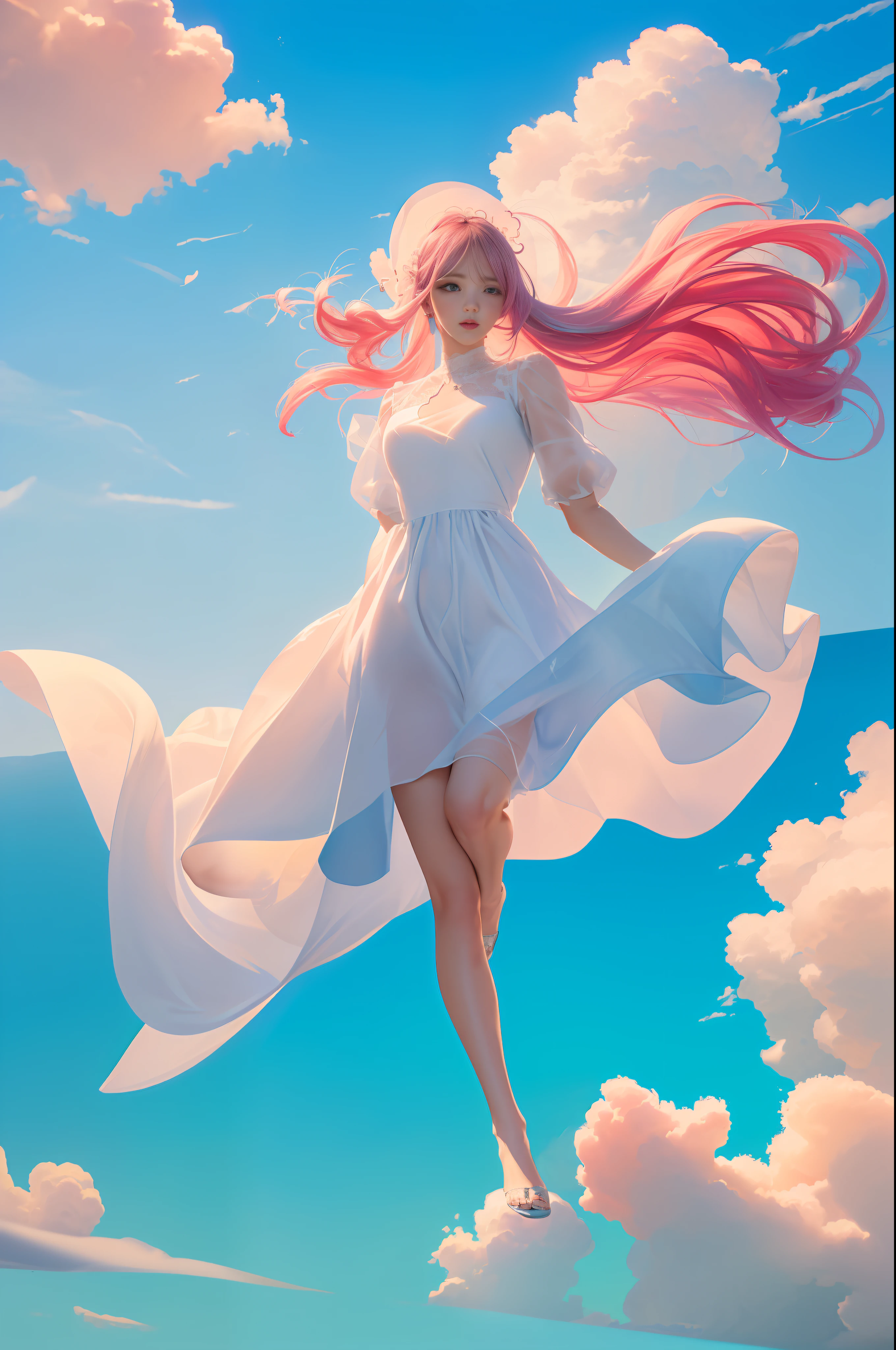 (8k, RAW photo, photorealistic:1.25) ,( lip gloss, eyelashes, glossy side, shiny skin, best quality, ultra high resolution, depth of field, chromatic aberration, caustic, wide light, natural shadow, headwear, kpop idol) ,light pink and blue style, 1girl, (blue sky: 1.5), tall and thin beauty goddess, flowing dress, conservative girl, cloud goddess, flowing white fabric, wearing a flowing dress, realistic, (Blue sky and white clouds in the background: 1.4), (wind: 1.5), (Full body: 1.5), camera very close to the ground, girl running